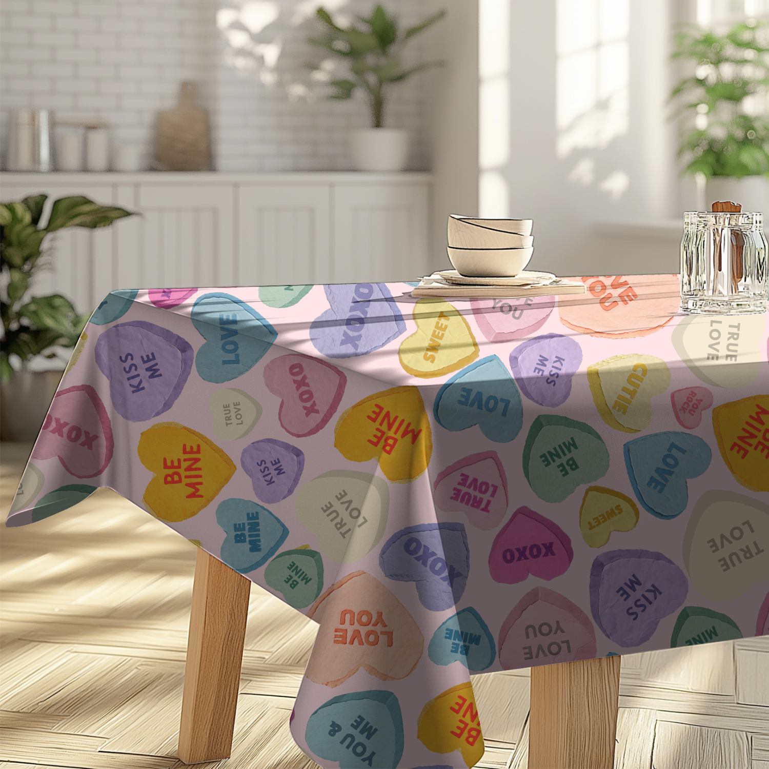 Candy Heart Valentine's Day Pattern Tablecloth | Radial Hear Table Cover product thumbnail image Candy Heart Valentine's Day Pattern Tablecloth | Radial Hear Table Cover product thumbnail image