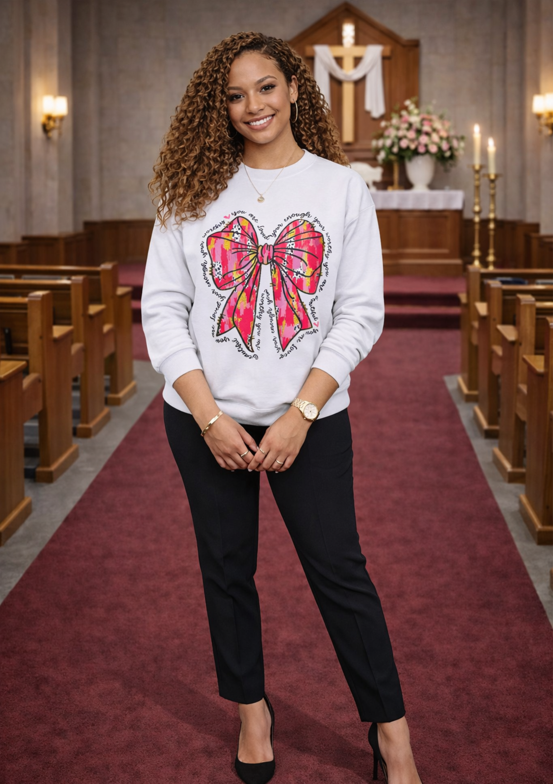 Inspirational Bow Crewneck Sweatshirt — "Worthy, Loved, Enough" product thumbnail image Inspirational Bow Crewneck Sweatshirt — "Worthy, Loved, Enough" product thumbnail image