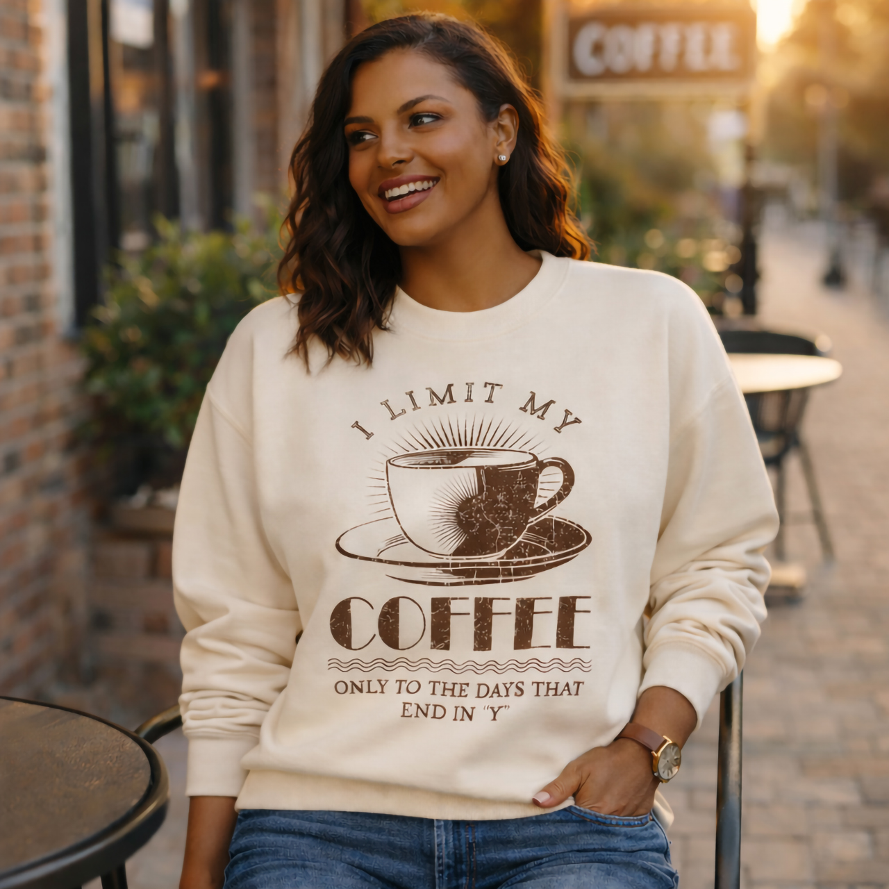 Coffee Lover Crewneck Sweatshirt, I Limit My Coffee, Only to the Days that End in "Y" Vintage Mug Design product thumbnail image Coffee Lover Crewneck Sweatshirt, I Limit My Coffee, Only to the Days that End in "Y" Vintage Mug Design product thumbnail image