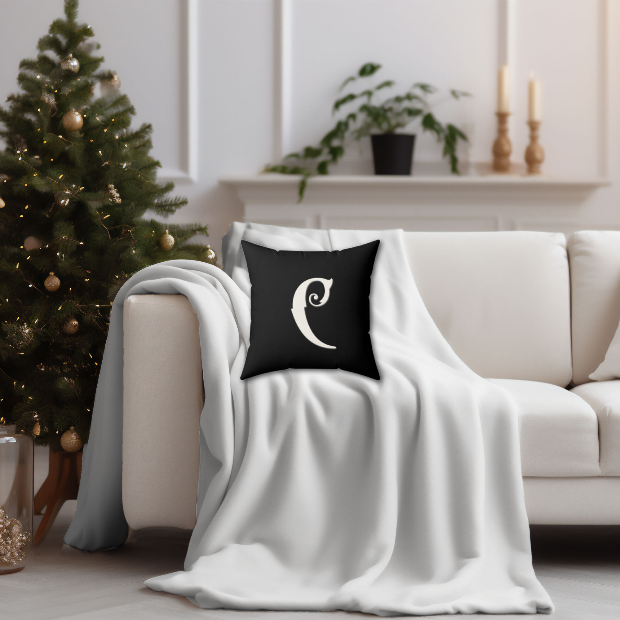 Faux Suede Square Black Pillow Ornate Old English Letter C Monogram  product thumbnail image
