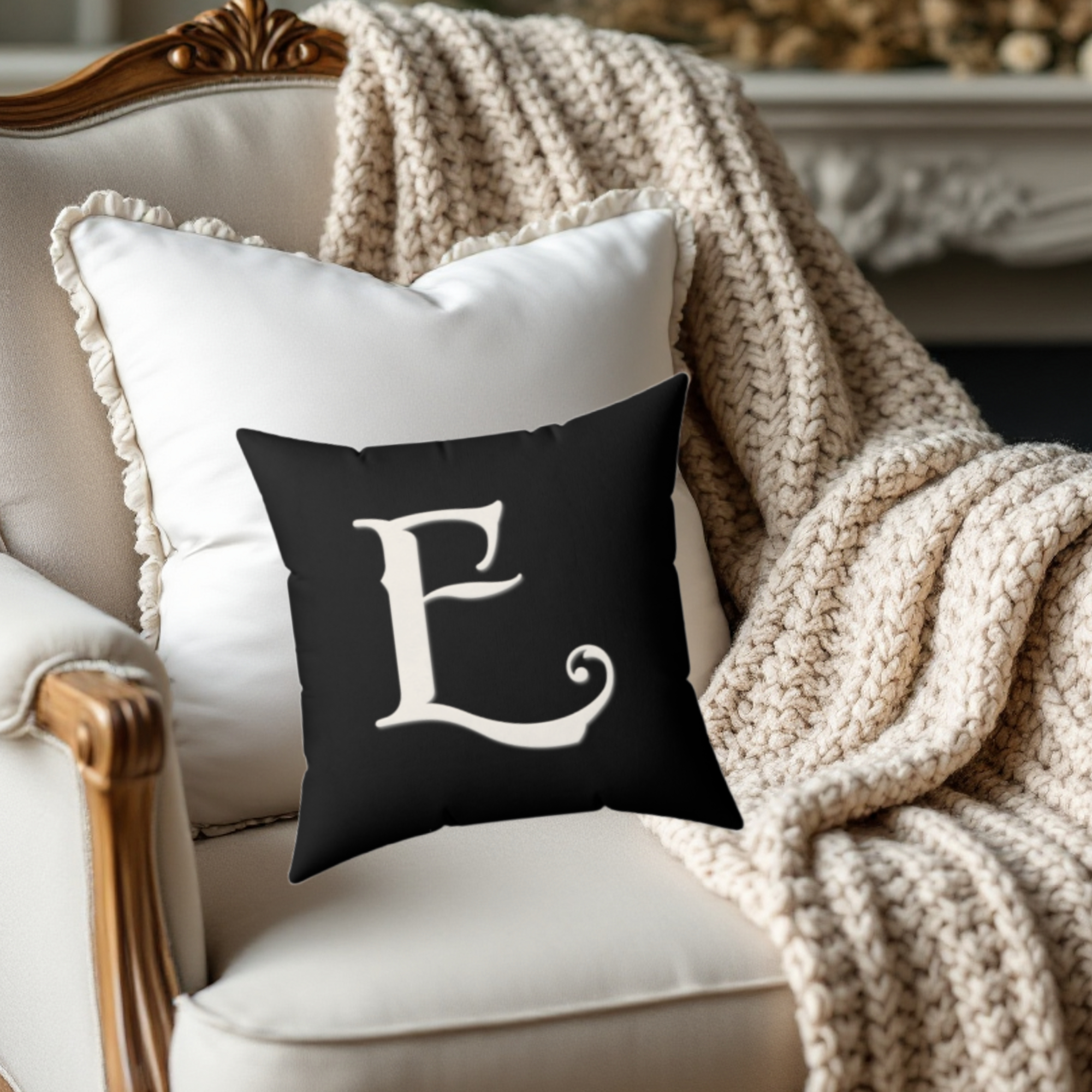 Faux Suede Square Pillow Monogram Old English Letter E product thumbnail image Faux Suede Square Pillow Monogram Old English Letter E product thumbnail image