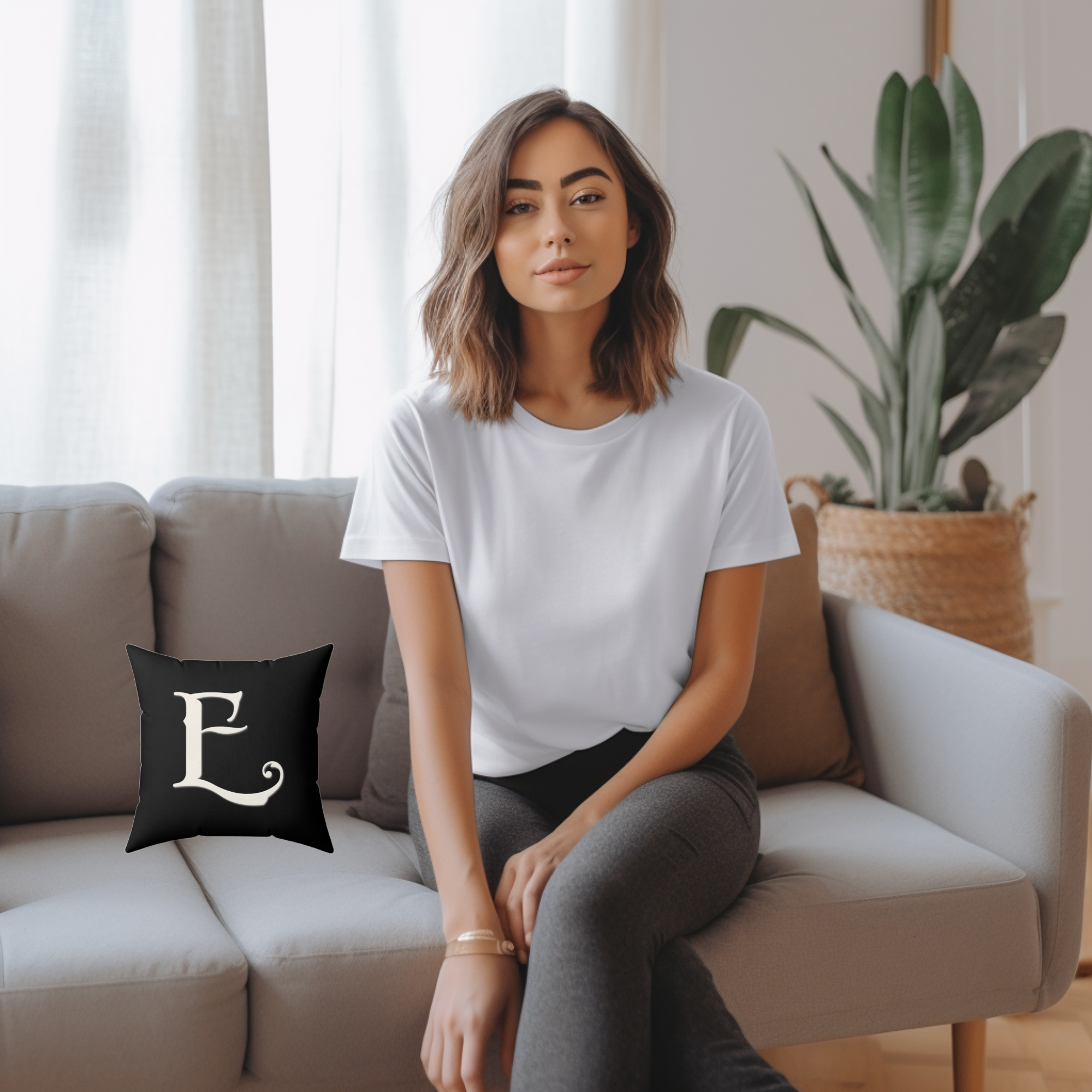 Faux Suede Square Pillow Monogram Old English Letter E  product thumbnail image