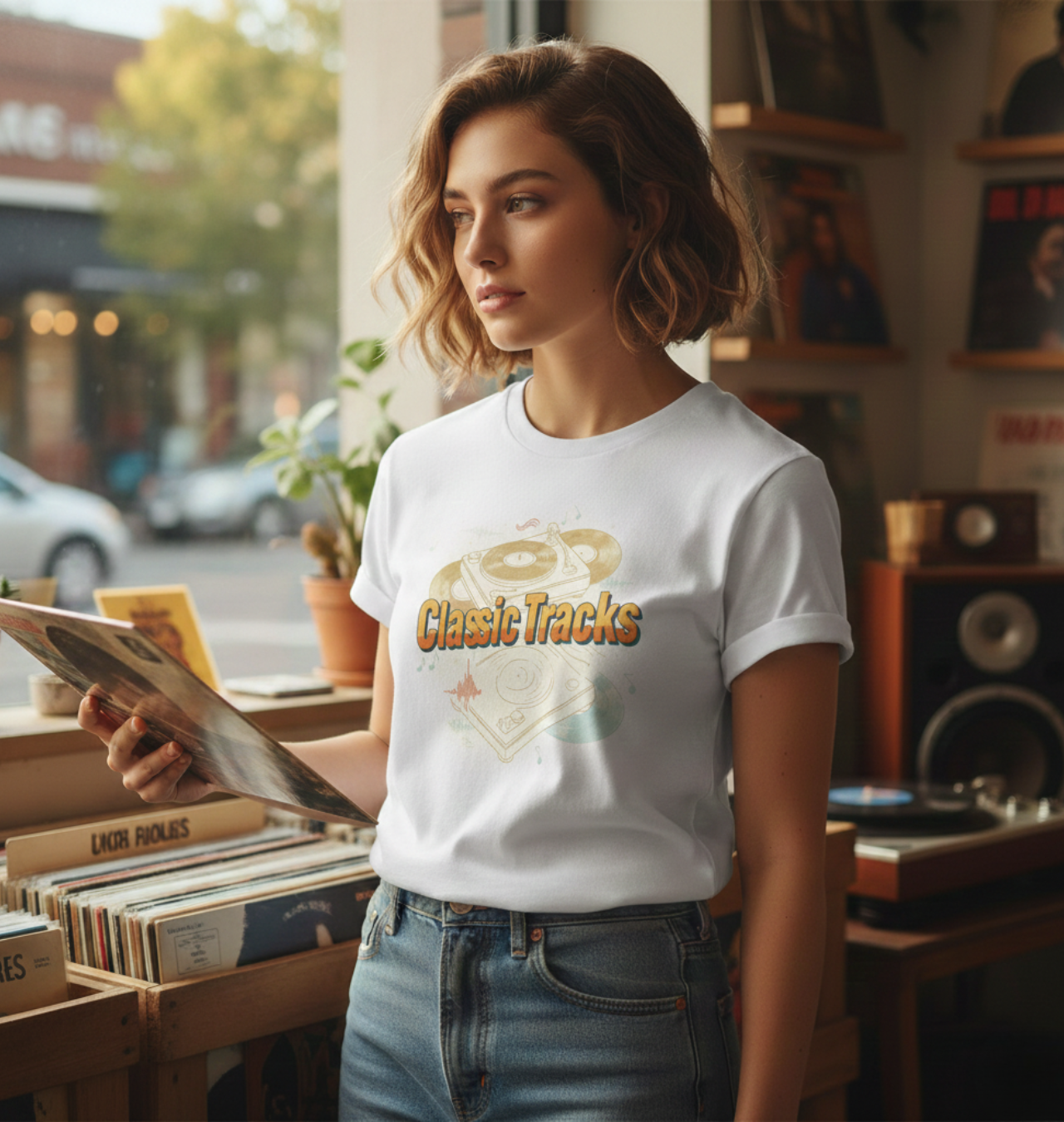 Classic Tracks Tee — Vintage Turntable &amp; Record Graphic T-Shirt product thumbnail image