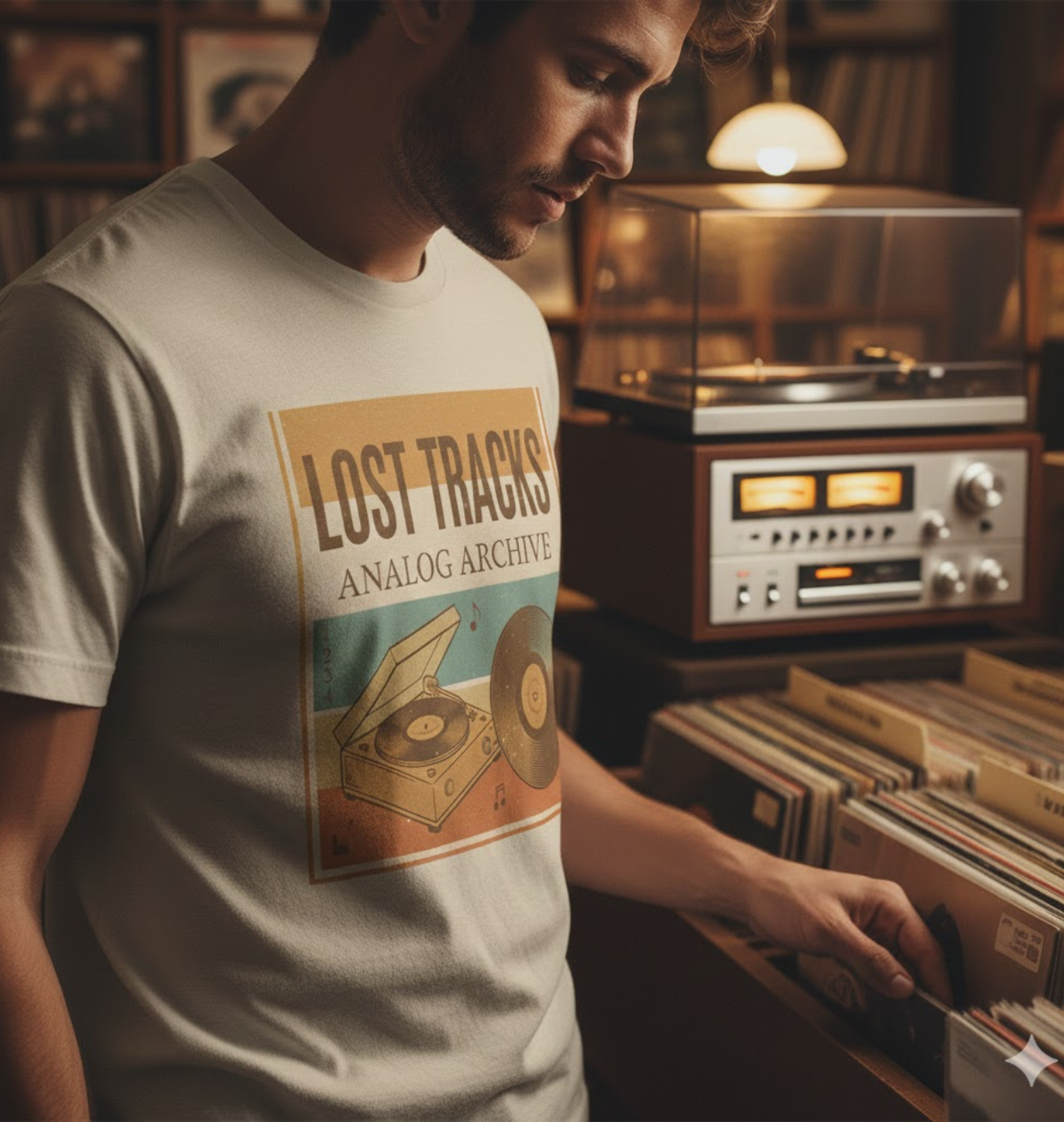 Lost Tracks— Vintage Turntable &amp; Record Graphic T-Shirt