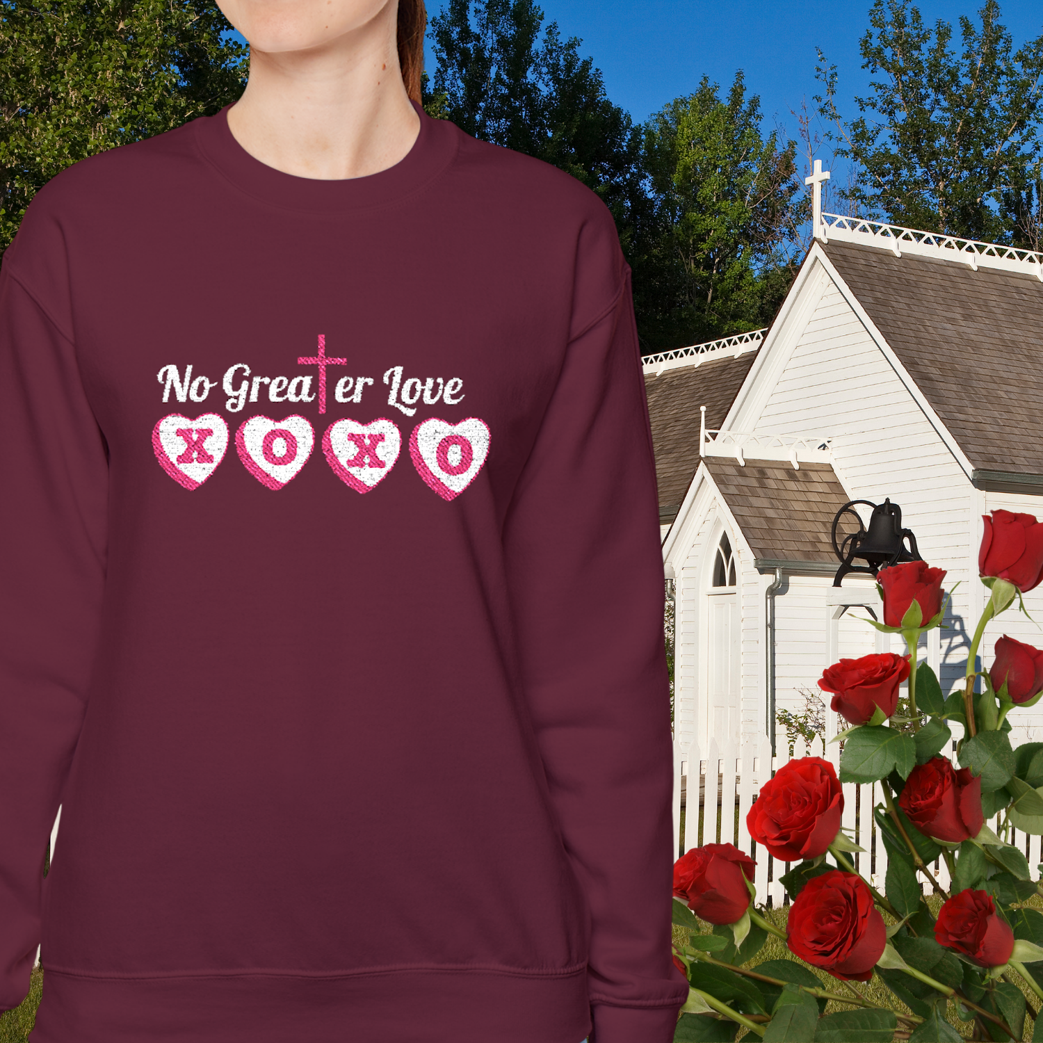 No Greater Love XOXO Cross Sweatshirt | Embroidered Valentine Religious Heart Design Personalized