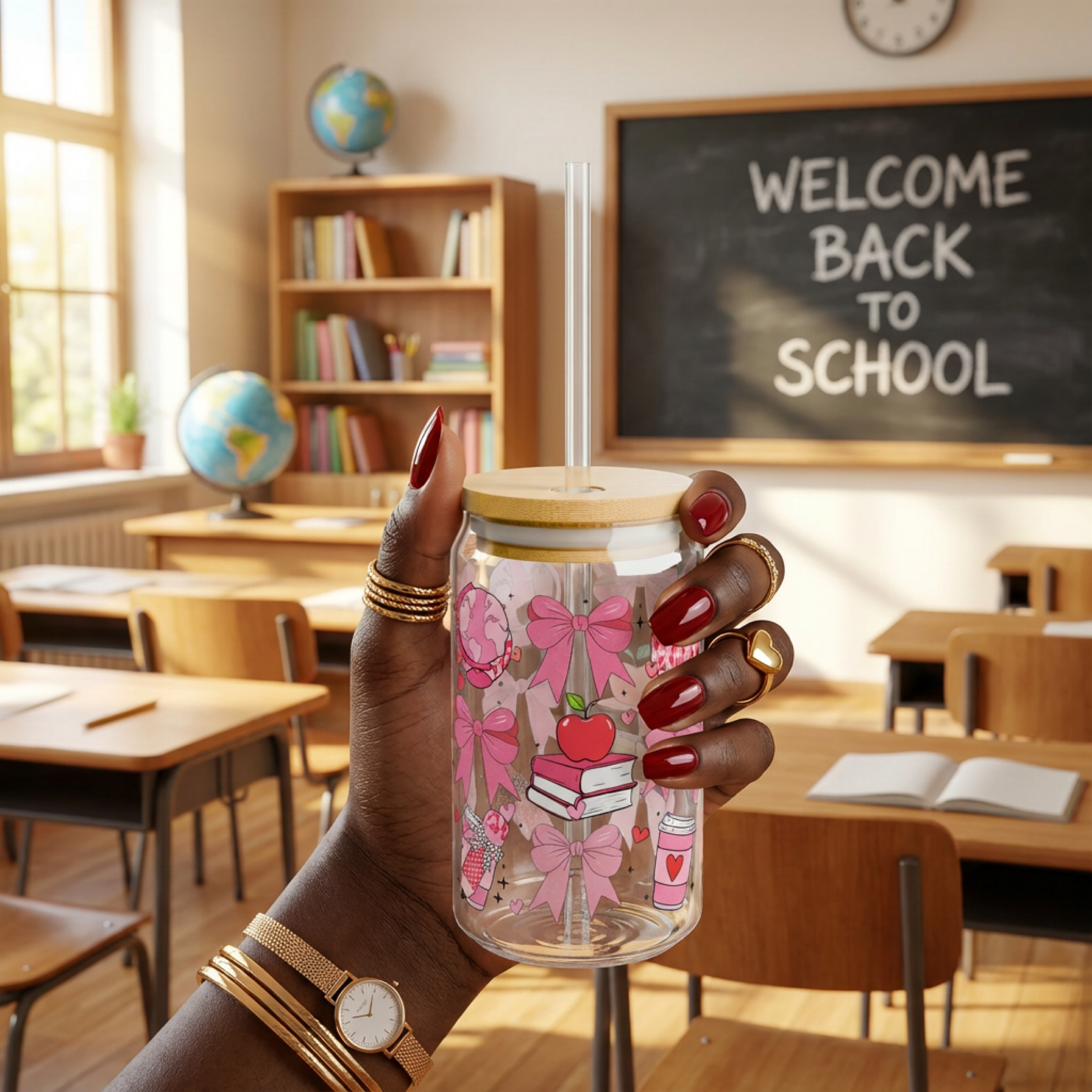 Glass Sipper - Teacher Appreciation Pink Bows &amp; Apple 16oz Travel Jar product thumbnail image