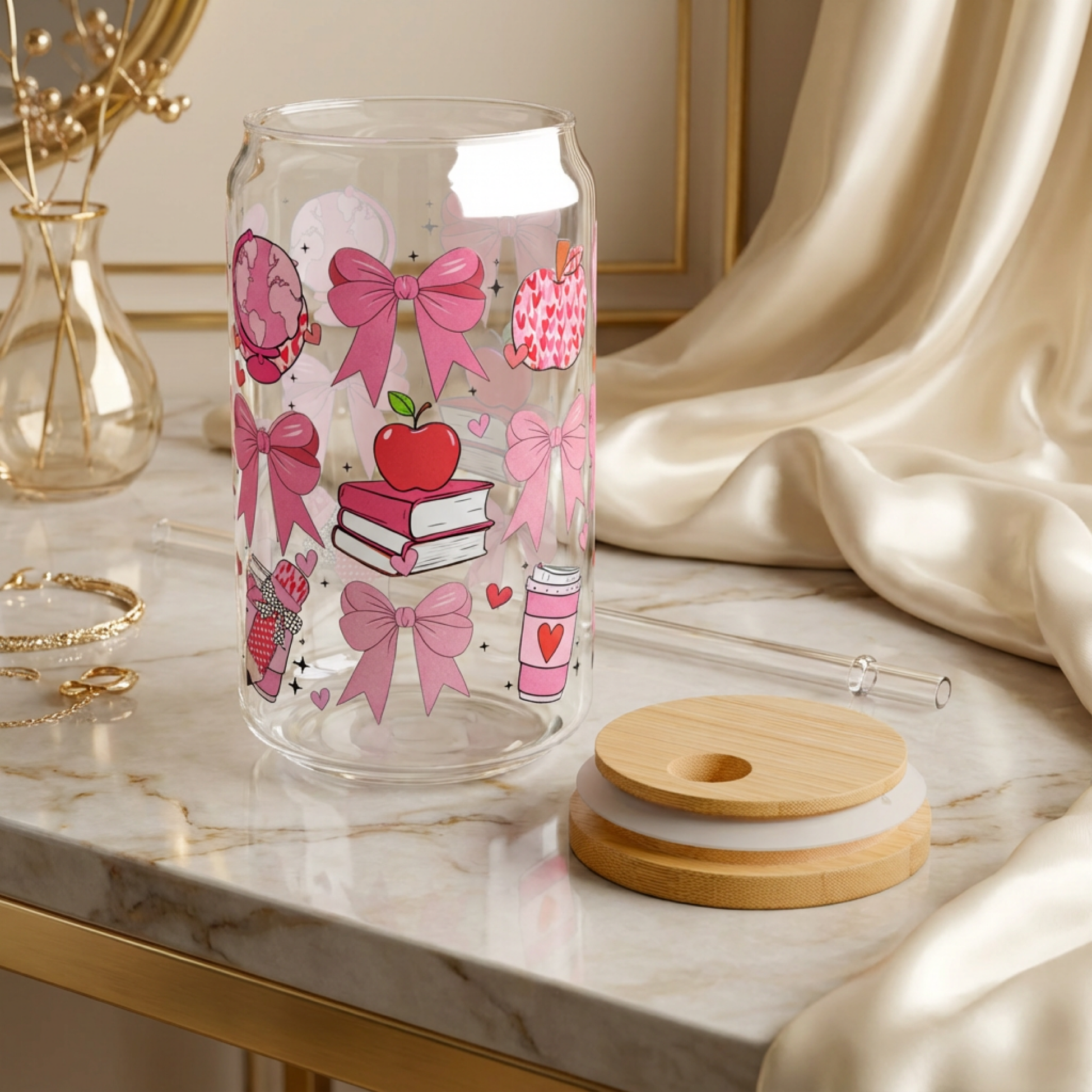 Glass Sipper - Teacher Appreciation Pink Bows & Apple 16oz Travel Jar product thumbnail image Glass Sipper - Teacher Appreciation Pink Bows & Apple 16oz Travel Jar product thumbnail image