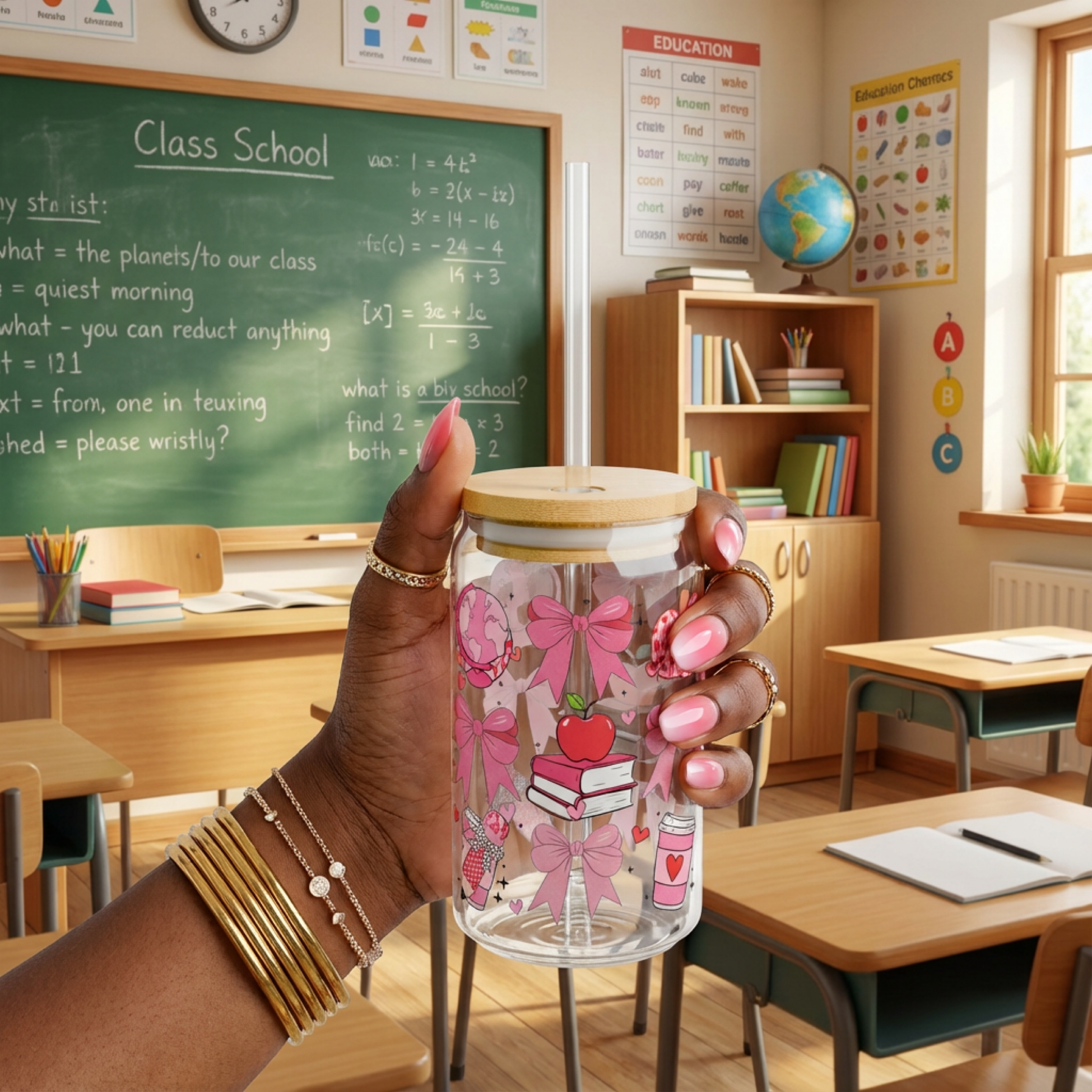 Glass Sipper - Teacher Appreciation Pink Bows & Apple 16oz Travel Jar product thumbnail image Glass Sipper - Teacher Appreciation Pink Bows & Apple 16oz Travel Jar product thumbnail image