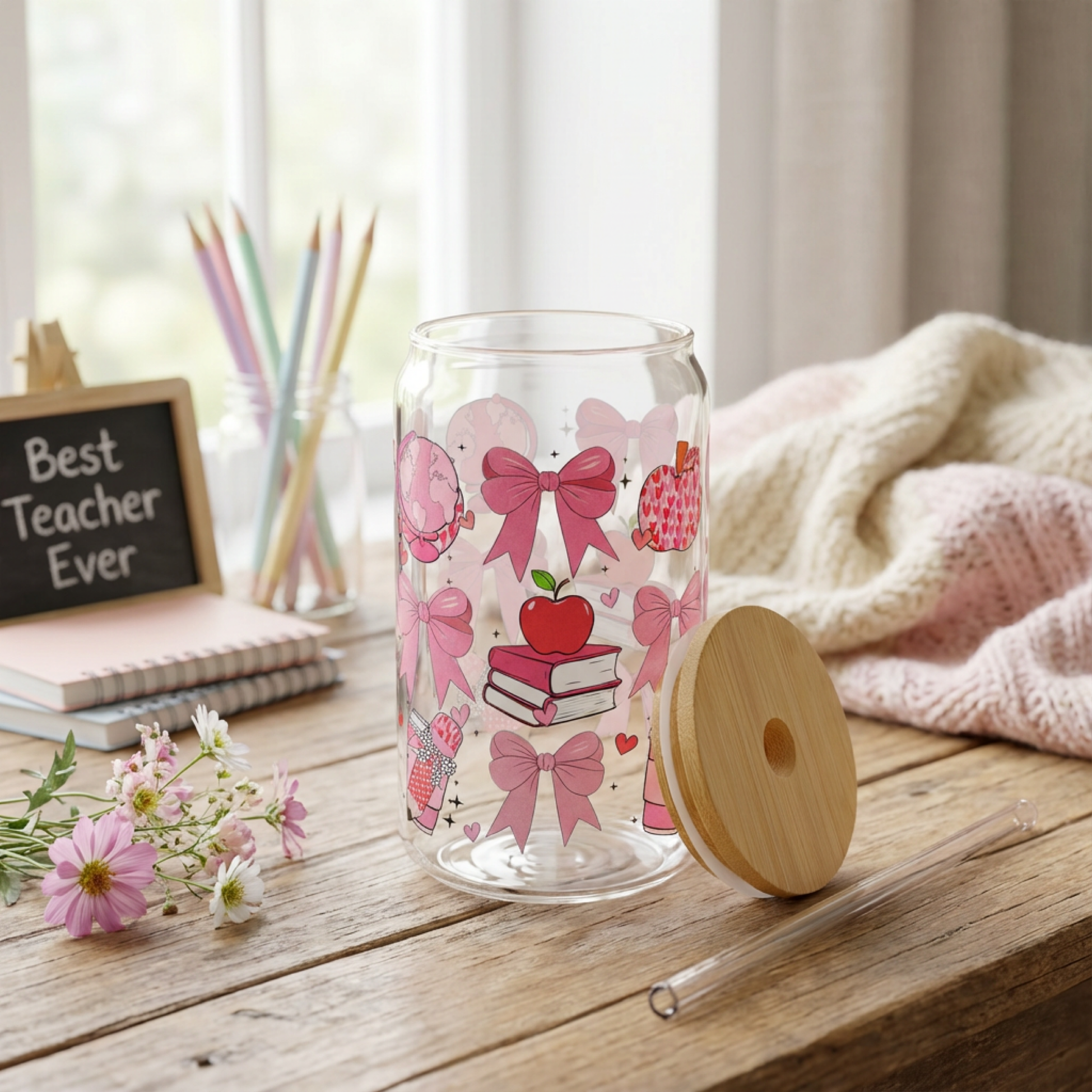 Glass Sipper - Teacher Appreciation Pink Bows &amp; Apple 16oz Travel Jar product thumbnail image