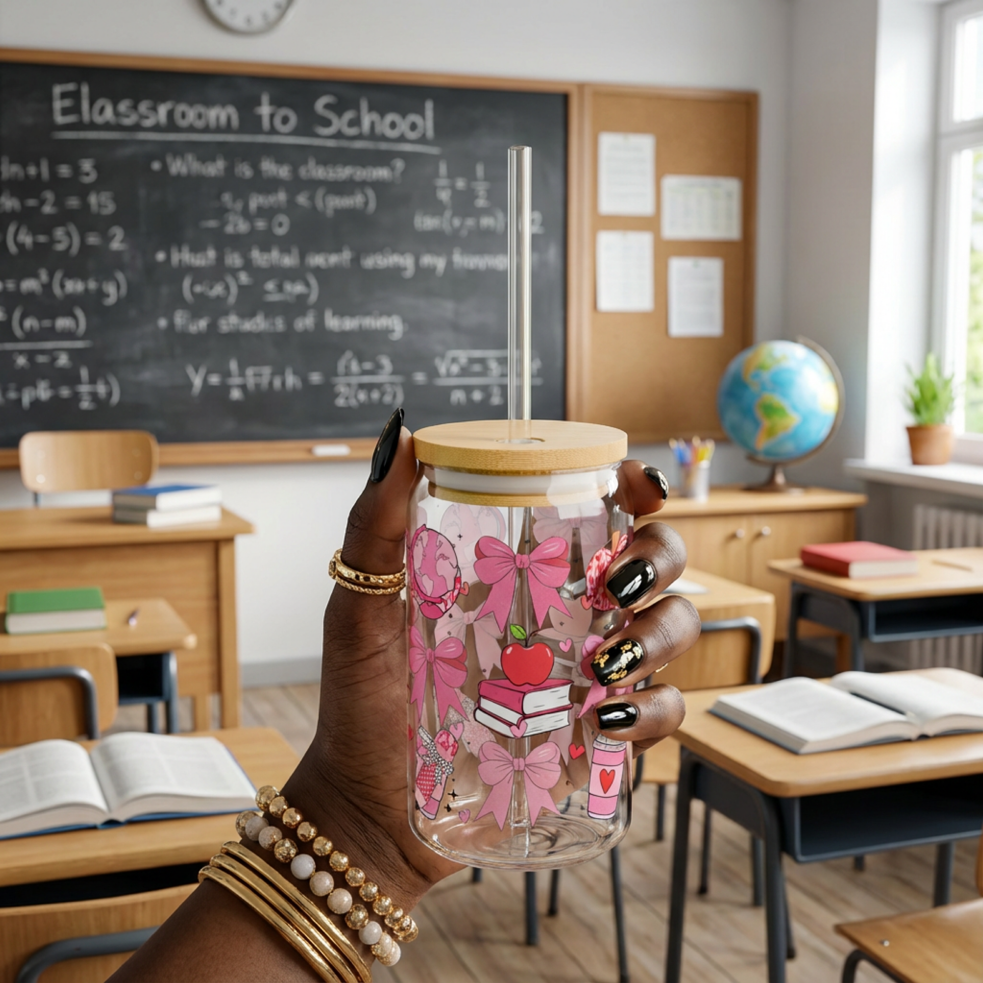 Glass Sipper - Teacher Appreciation Pink Bows &amp; Apple 16oz Travel Jar product thumbnail image