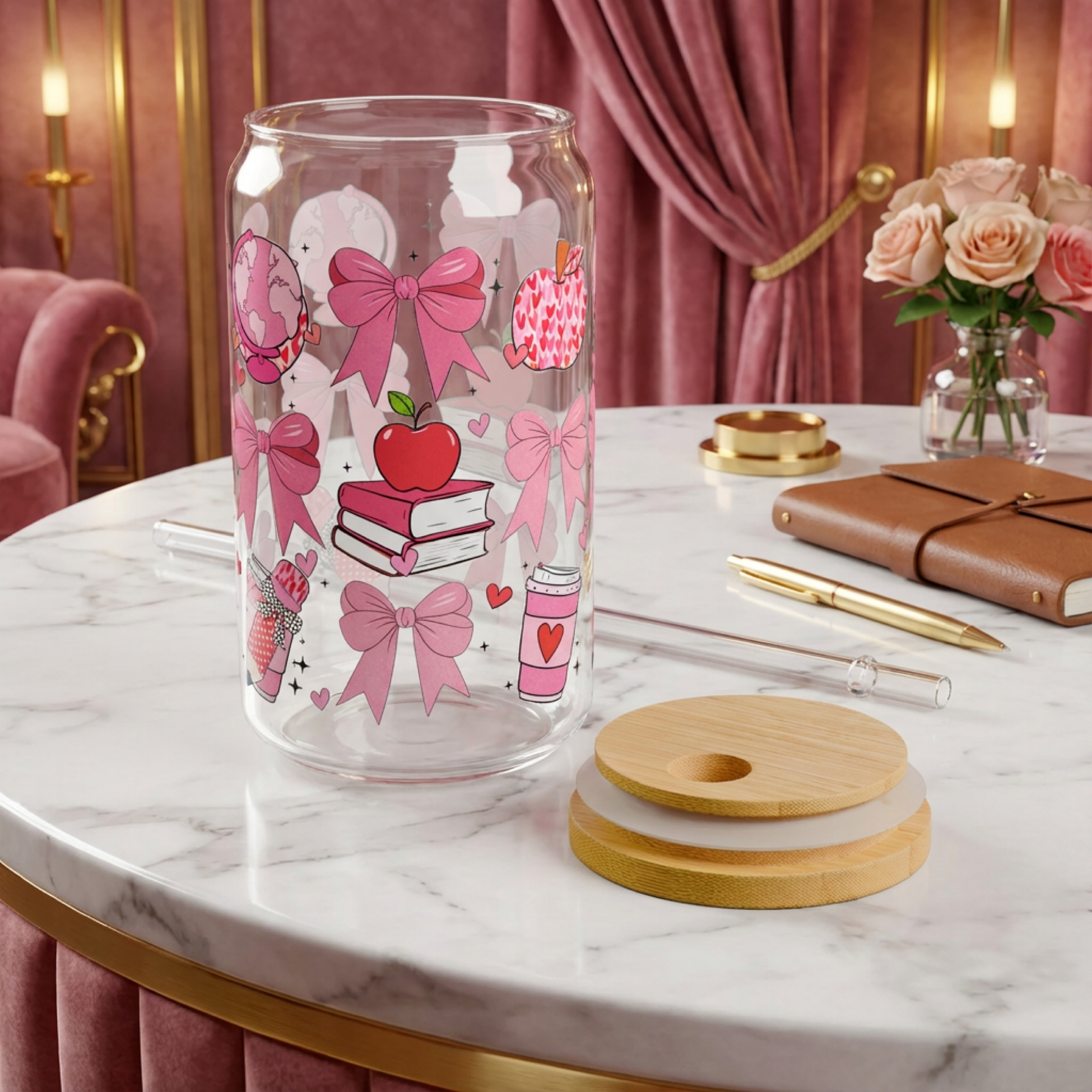 Glass Sipper - Teacher Appreciation Pink Bows &amp; Apple 16oz Travel Jar product thumbnail image