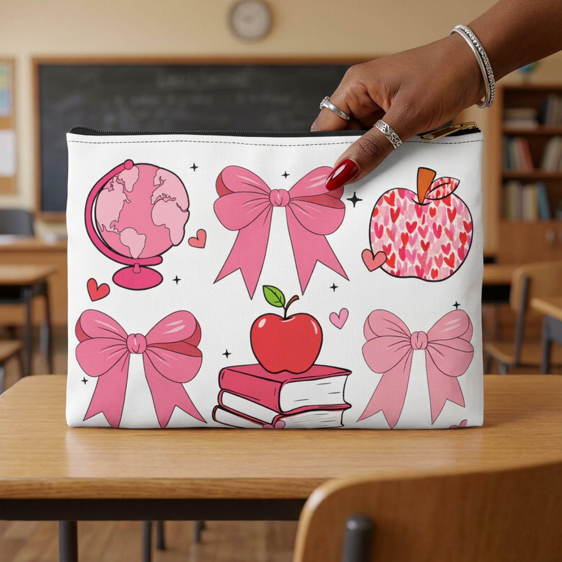 Pink Schoolgirl Accessory Pouch — Cute Bows, Apple & Globe Cosmetic Bag product thumbnail image Pink Schoolgirl Accessory Pouch — Cute Bows, Apple & Globe Cosmetic Bag product thumbnail image