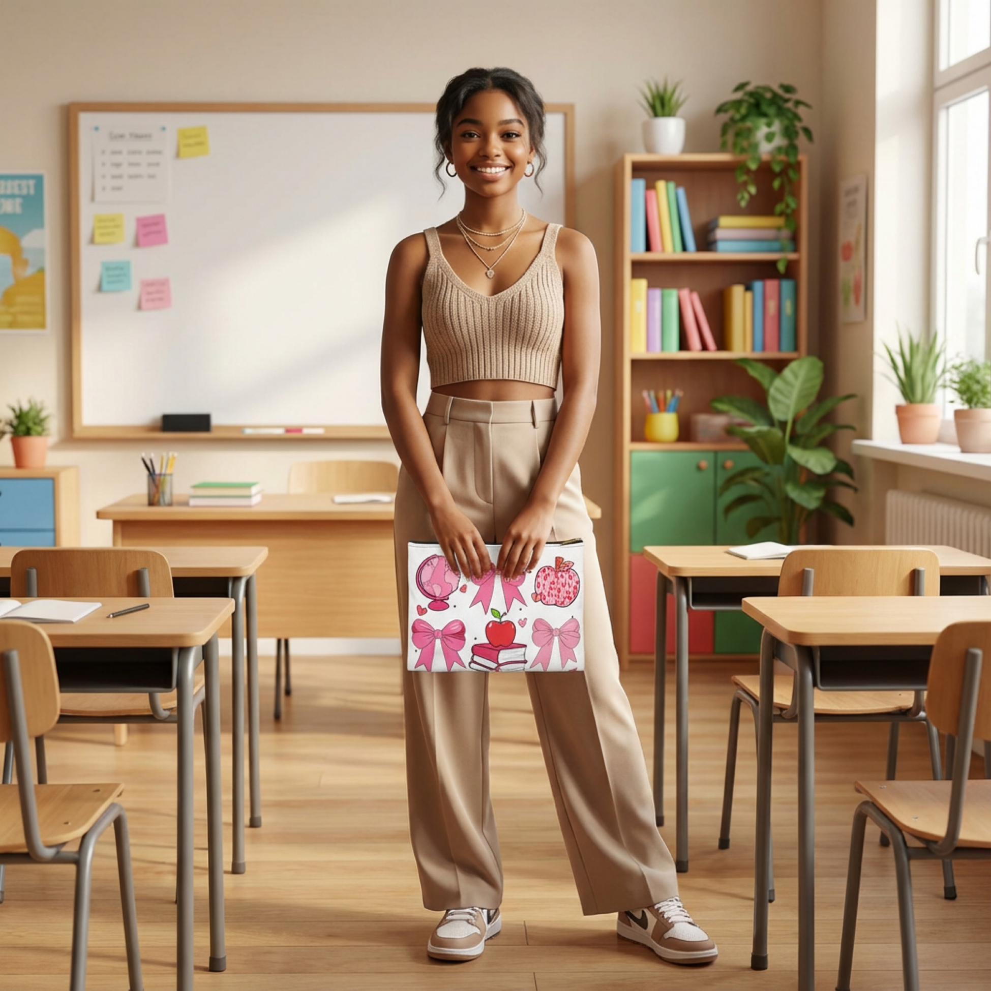 Pink Schoolgirl Accessory Pouch — Cute Bows, Apple &amp; Globe Cosmetic Bag product thumbnail image