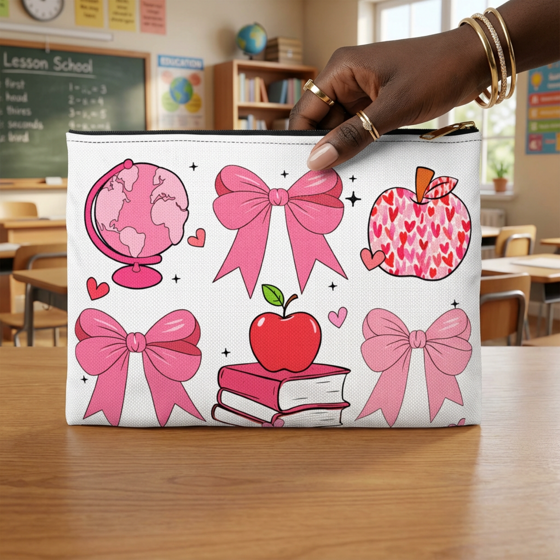 Pink Schoolgirl Accessory Pouch — Cute Bows, Apple & Globe Cosmetic Bag product thumbnail image Pink Schoolgirl Accessory Pouch — Cute Bows, Apple & Globe Cosmetic Bag product thumbnail image
