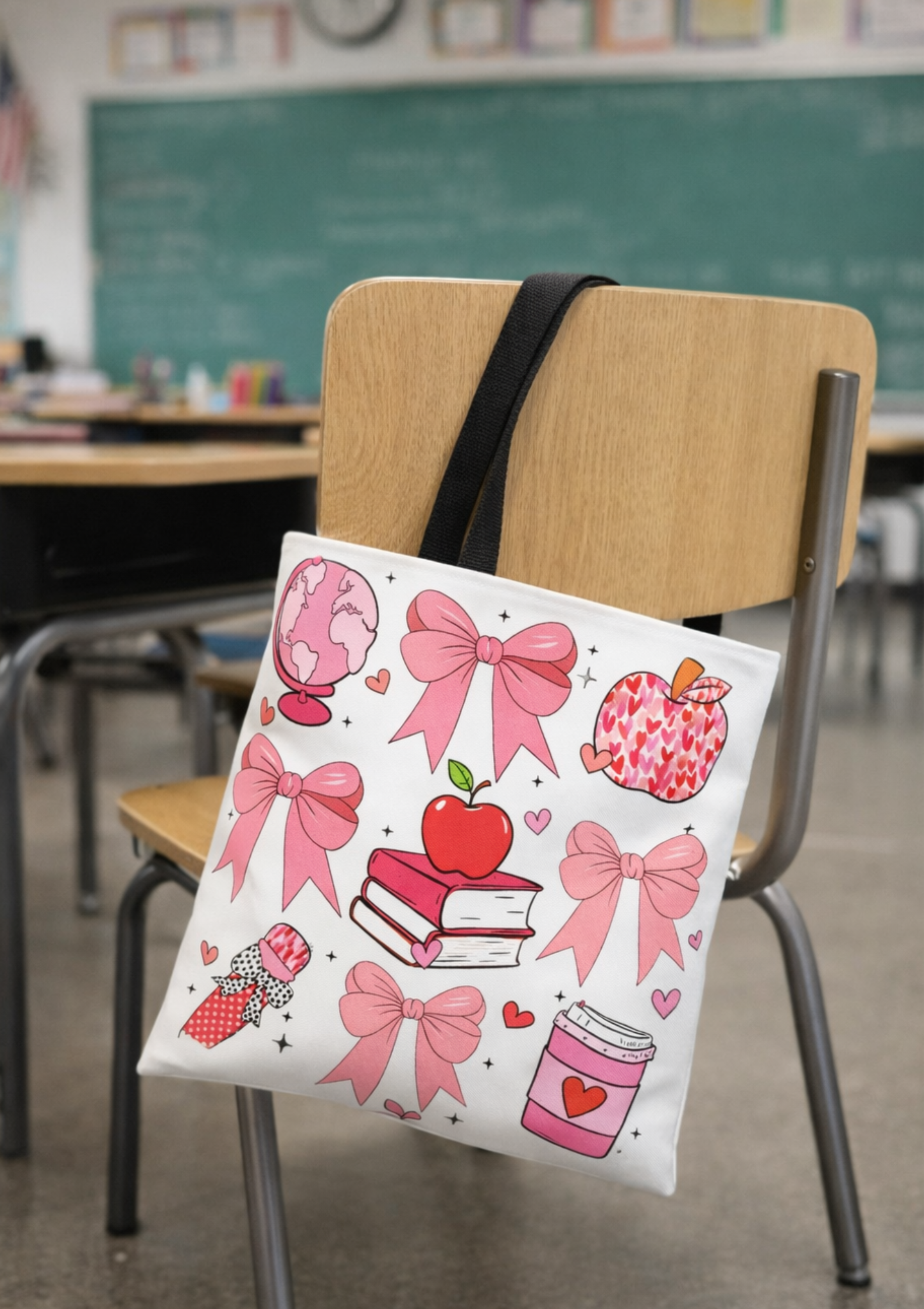 Pink Schoolgirl Pattern Tote Bag — Bows, Books & Apples All-Over Print product thumbnail image Pink Schoolgirl Pattern Tote Bag — Bows, Books & Apples All-Over Print product thumbnail image