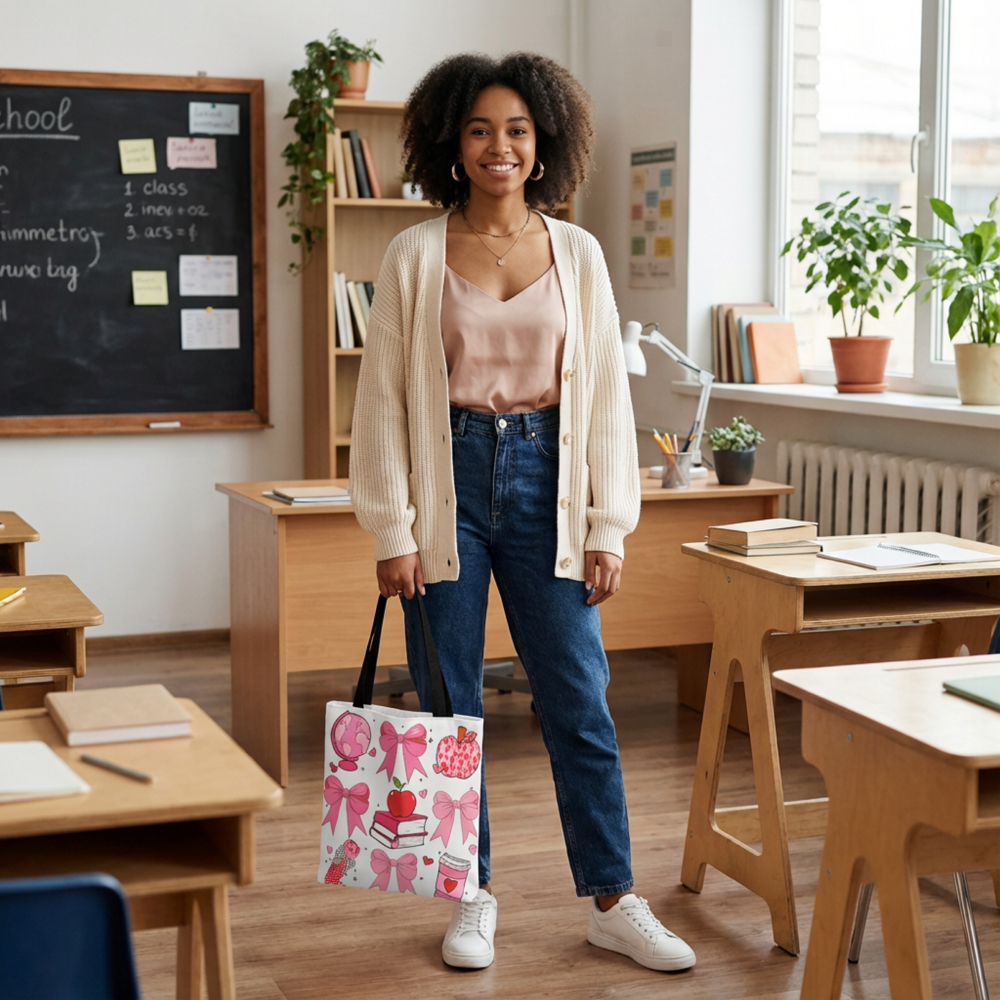 Pink Schoolgirl Pattern Tote Bag — Bows, Books &amp; Apples All-Over Print