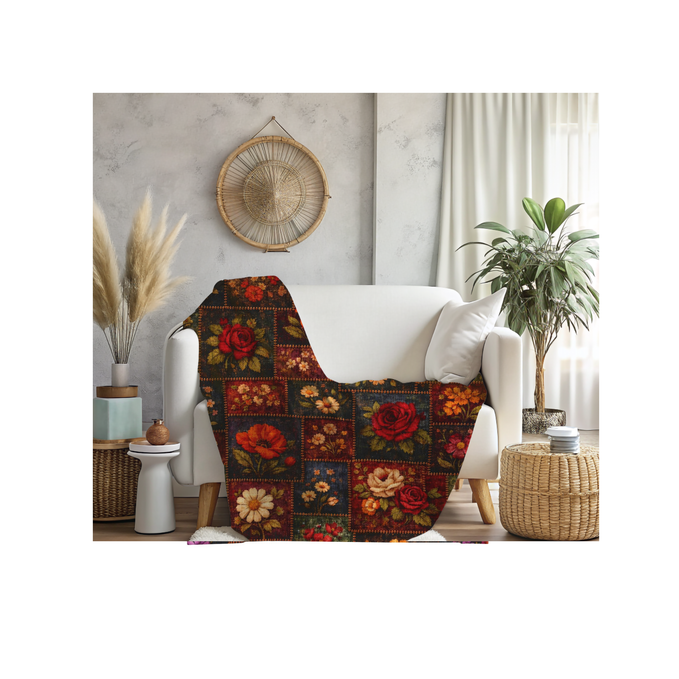 Vintage Floral Patchwork Velveteen Plush Blanket | Boho Cottagecore Throw 