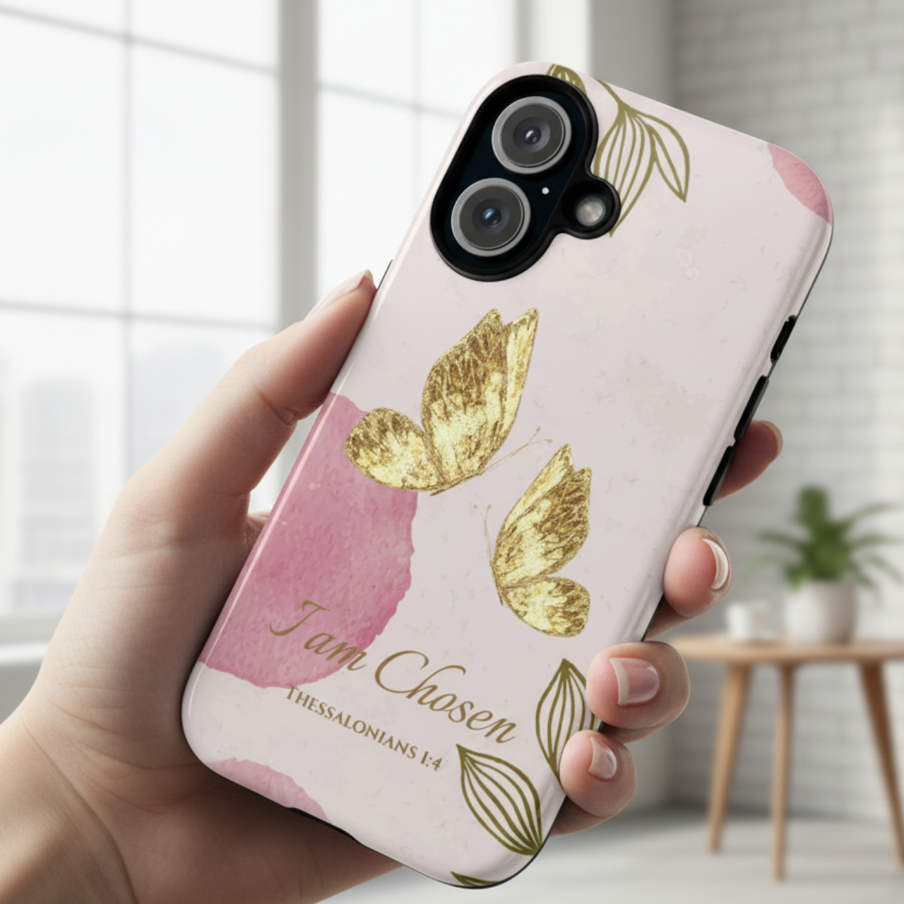 Tough Phone Case Gold Butterfly Pink Watercolor Aesthetic | Bible Verse Scripture I Am Chosen | Gift for iPhone 17 16 15 Pro Max Samsung Galaxy S25 Google Pixel product thumbnail image