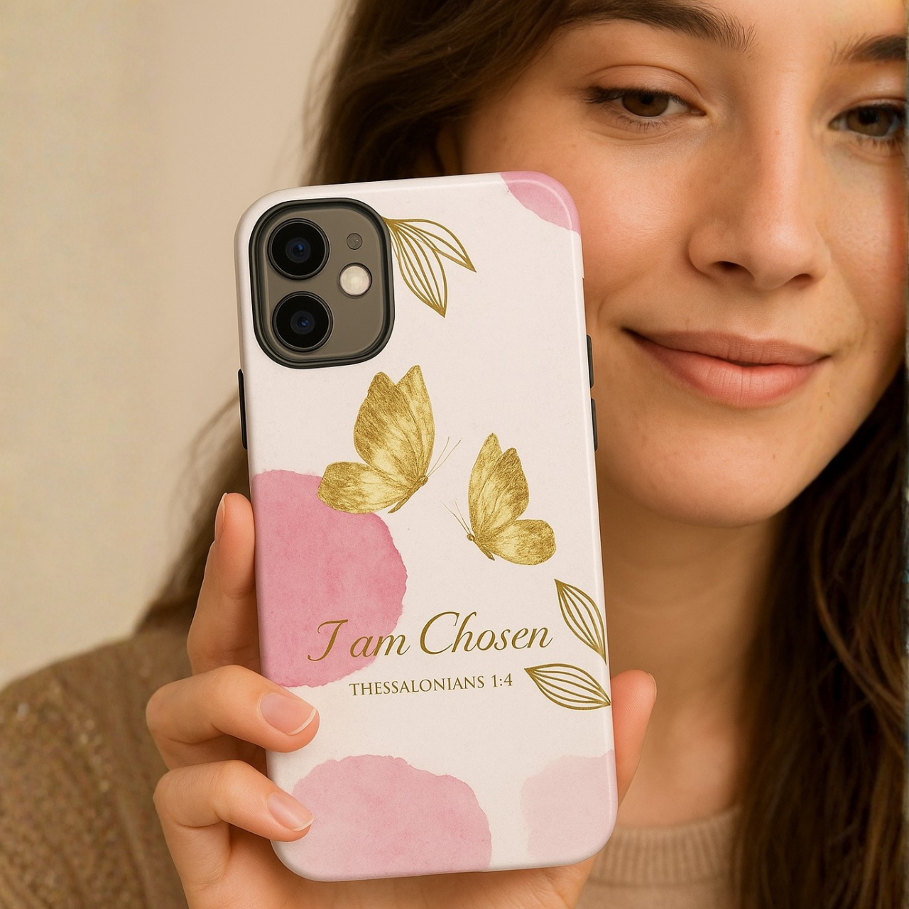 Tough Phone Case Gold Butterfly Pink Watercolor Aesthetic | Bible Verse Scripture I Am Chosen | Gift for iPhone 17 16 15 Pro Max Samsung Galaxy S25 Google Pixel product thumbnail image