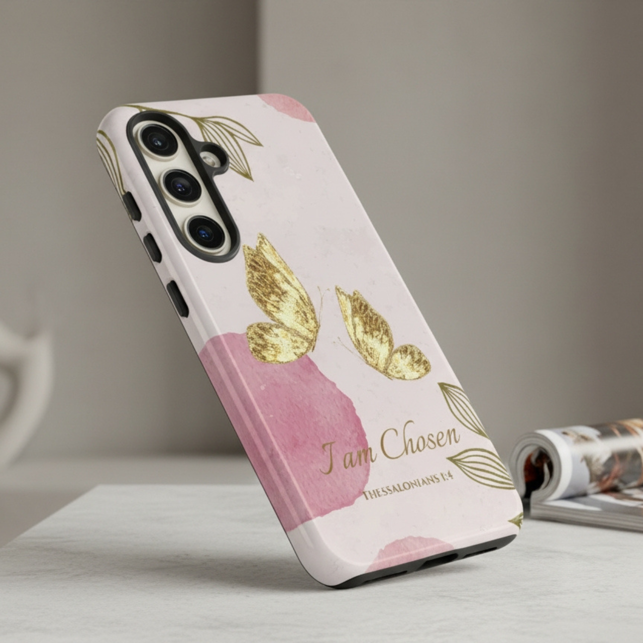 Tough Phone Case Gold Butterfly Pink Watercolor Aesthetic | Bible Verse Scripture I Am Chosen | Gift for iPhone 17 16 15 Pro Max Samsung Galaxy S25 Google Pixel product thumbnail image