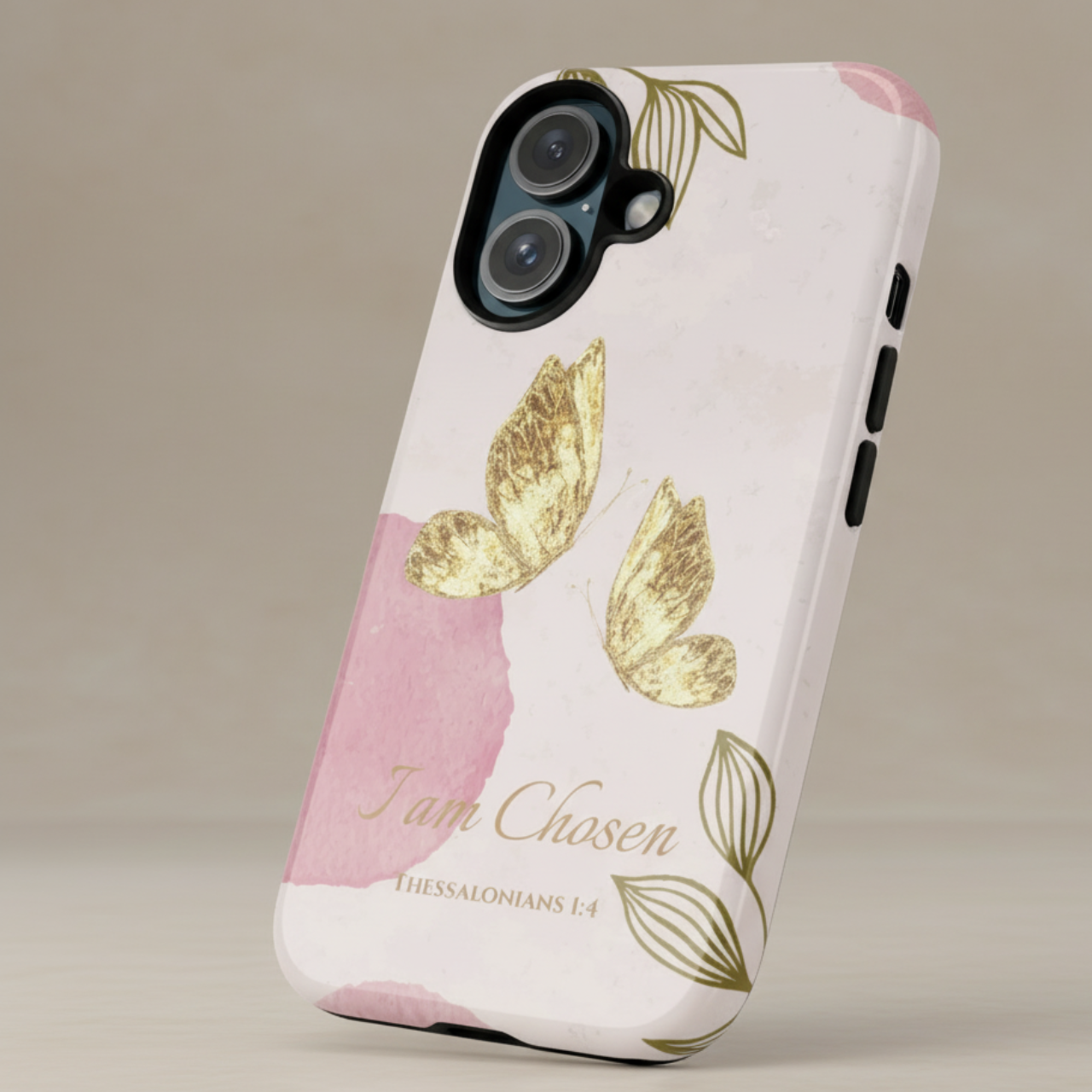 Tough Phone Case Gold Butterfly Pink Watercolor Aesthetic | Bible Verse Scripture I Am Chosen | Gift for iPhone 17 16 15 Pro Max Samsung Galaxy S25 Google Pixel product thumbnail image