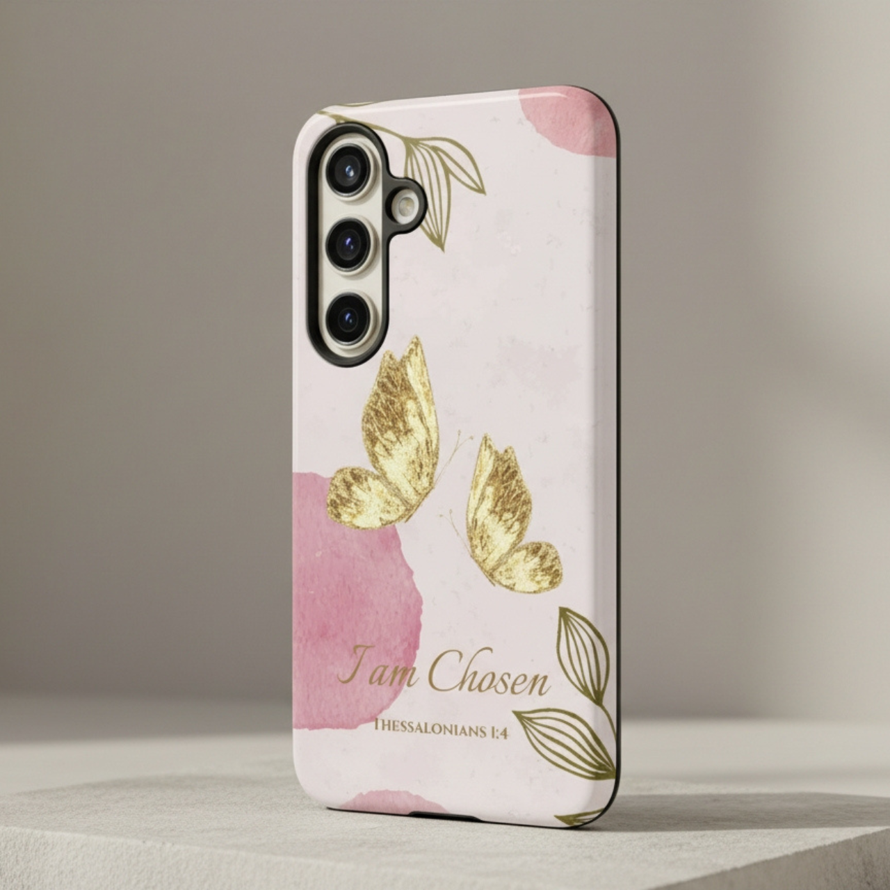 Tough Phone Case Gold Butterfly Pink Watercolor Aesthetic | Bible Verse Scripture I Am Chosen | Gift for iPhone 17 16 15 Pro Max Samsung Galaxy S25 Google Pixel product thumbnail image