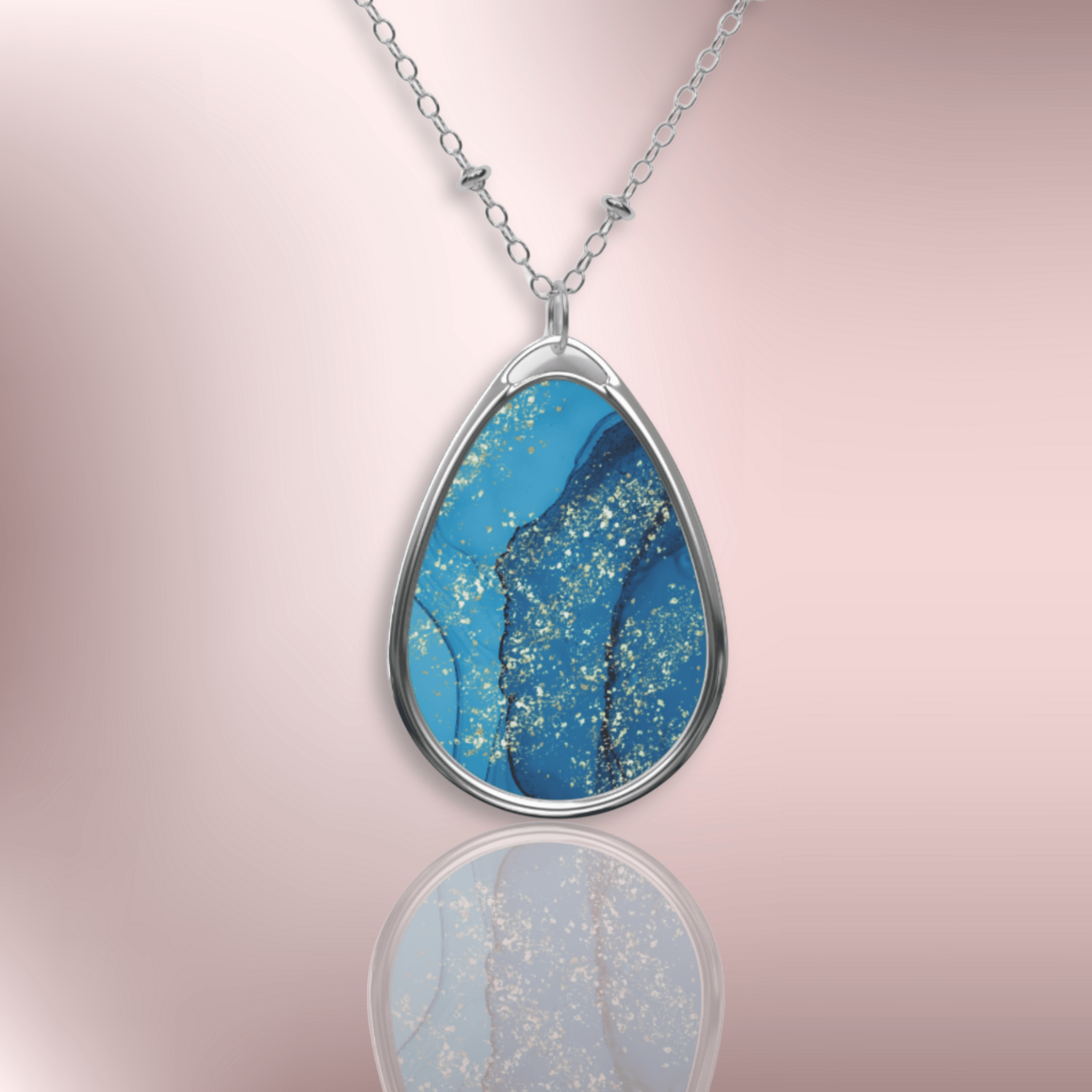 Blue Alcohol Ink Sparkle Oval Necklace product thumbnail image
