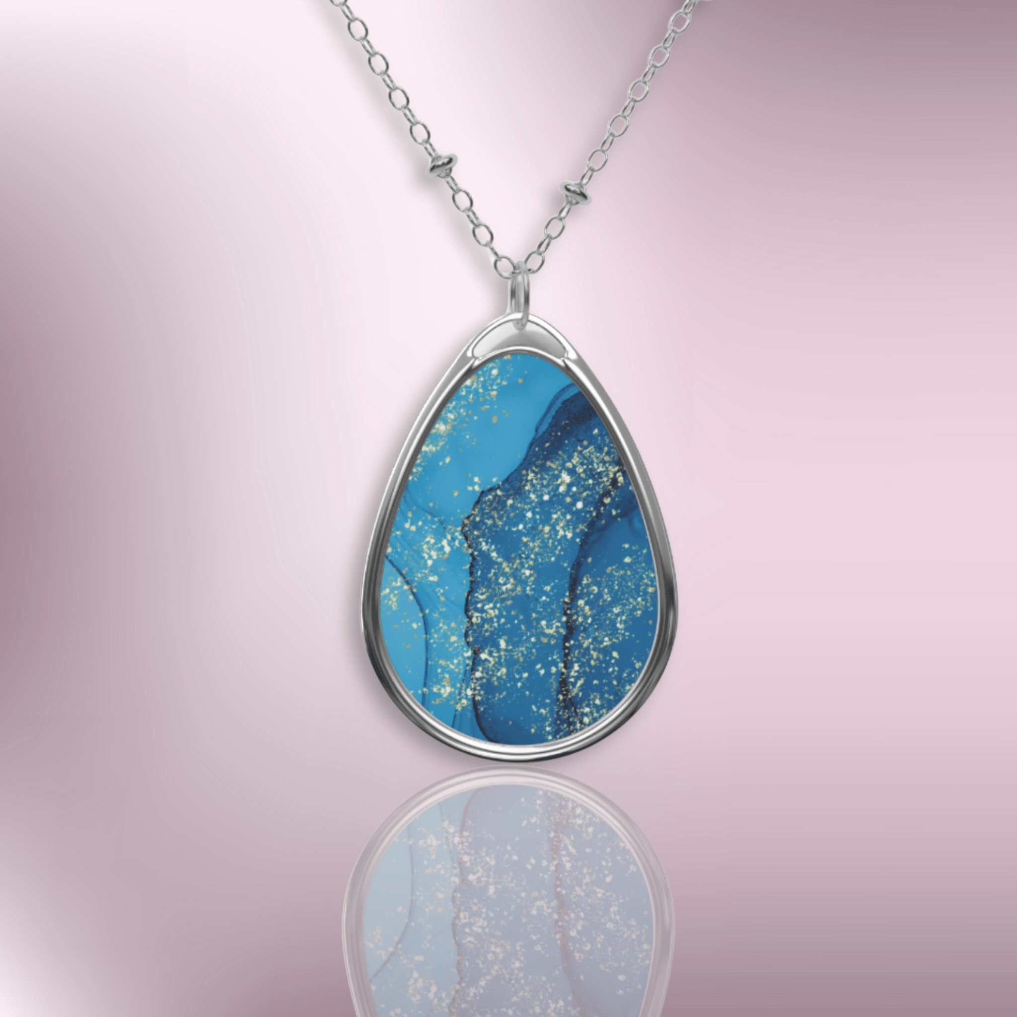 Blue Alcohol Ink Sparkle Oval Necklace
