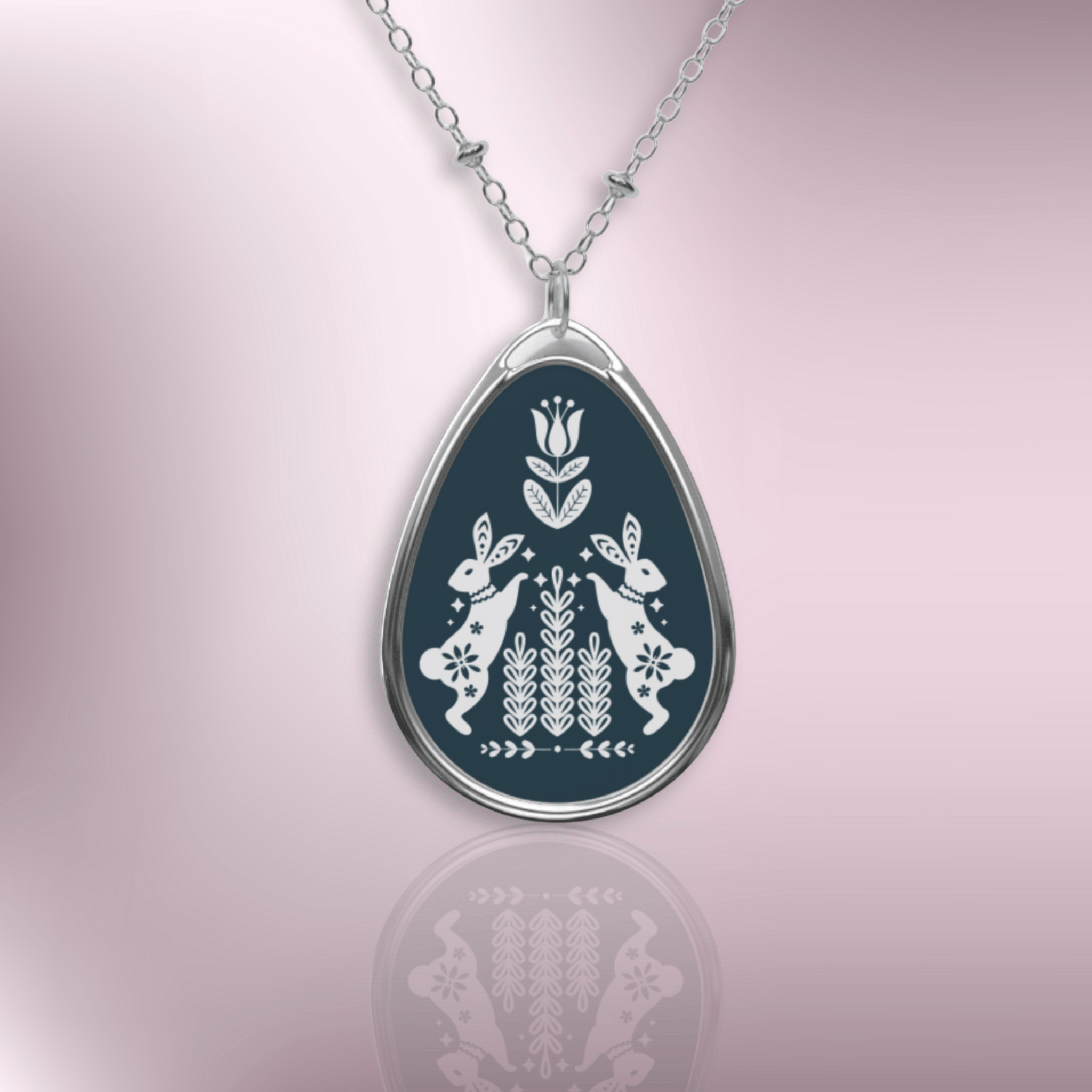Silver Oval Pendant Necklace — Scandinavian Folk Art Rabbit Floral Teardrop Locket