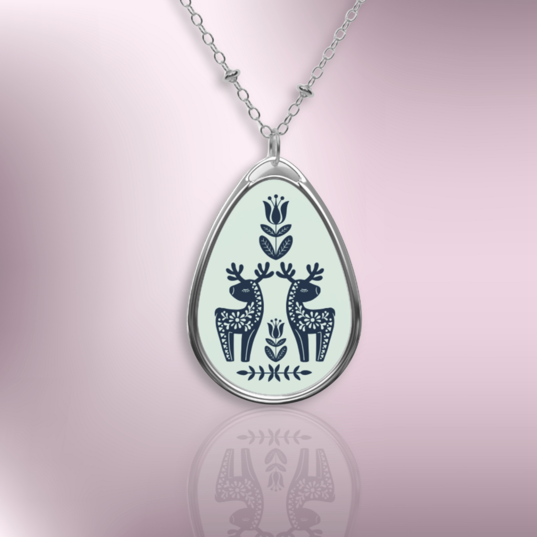 Nordic Folk Art Deer, Oval Teardrop Necklace