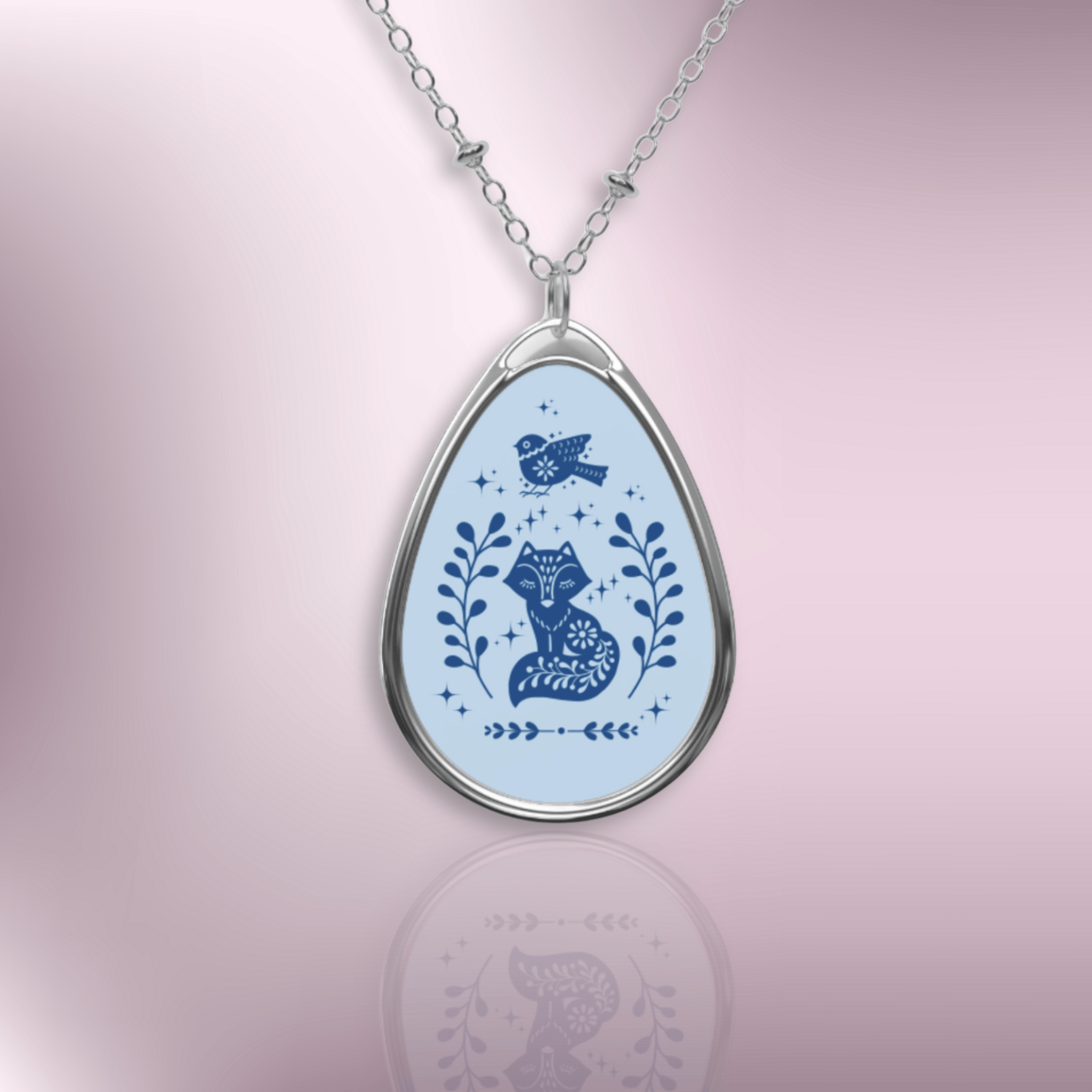 Oval Pendant Necklace — Blue Folk Art Cat &amp; Bird Engraved Teardrop Necklace