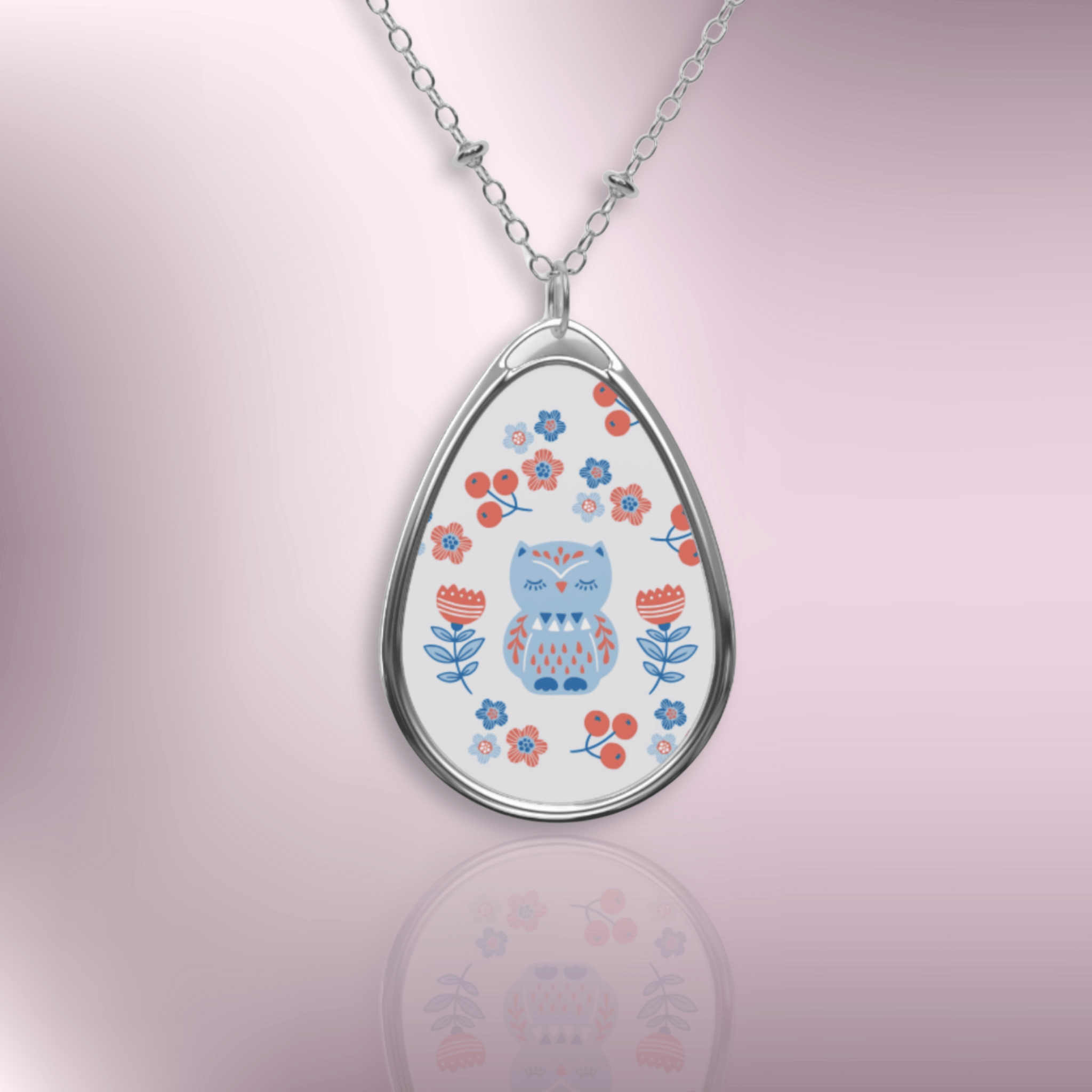 Oval Pendant Necklace — Blue Floral Owl Teardrop Locket Nordic Folk Art