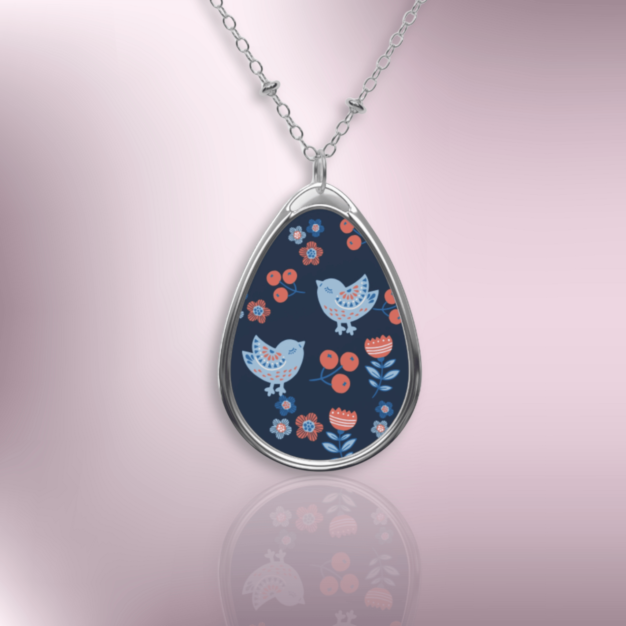 Oval Pendant Necklace — Folk Art Bird Floral Design on Navy product thumbnail image