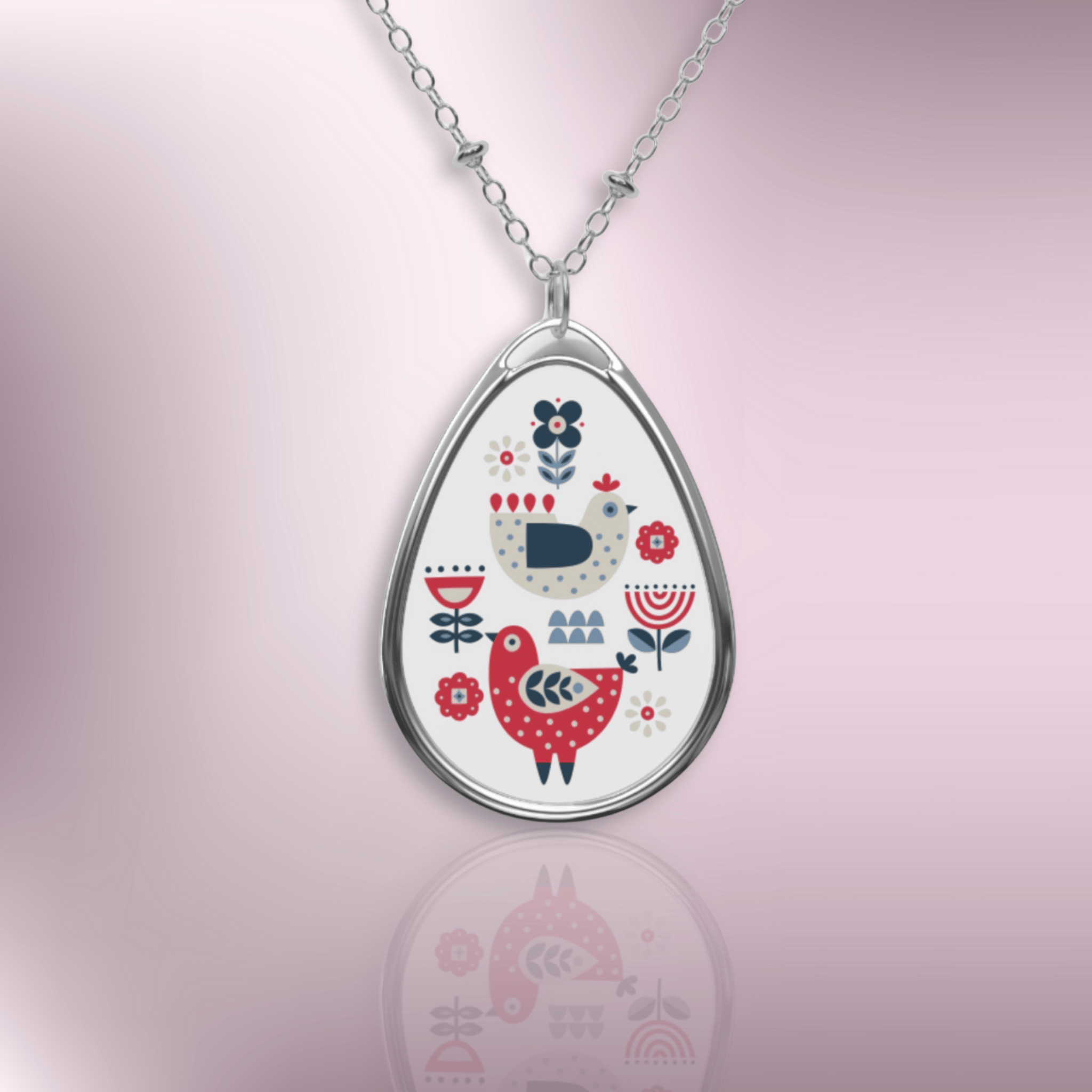 Oval Pendant Necklace — Folk Art Birds Engraved Teardrop Necklace product thumbnail image