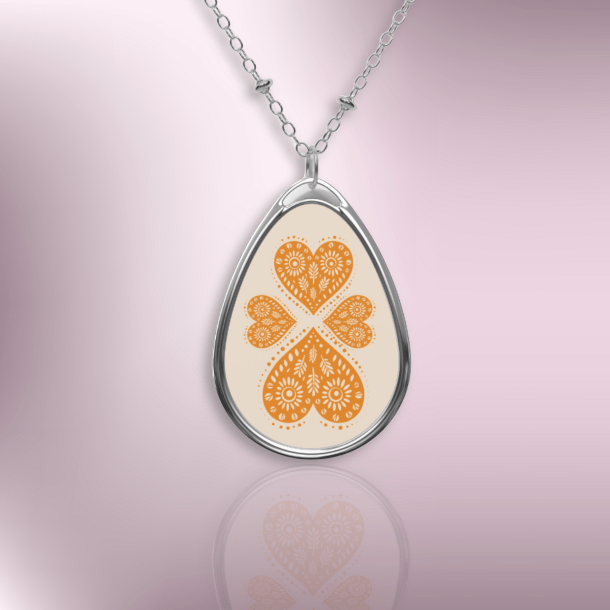 Oval Pendant Necklace — Orange Lace Heart Clover Engraved Teardrop