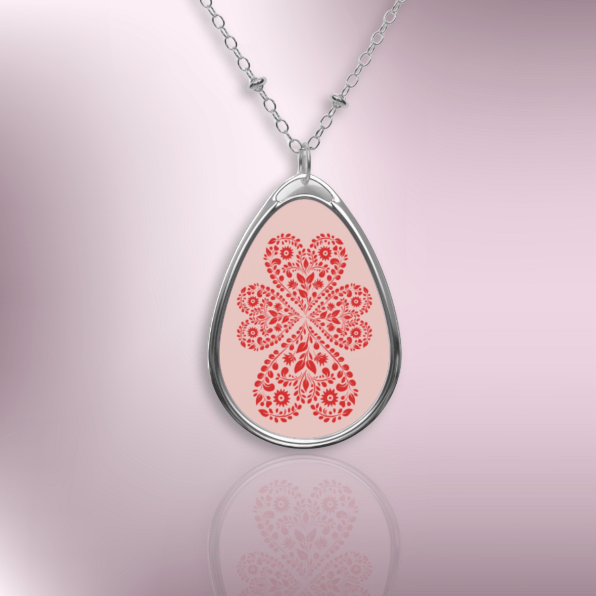 Silver Oval Pendant Necklace — Pink Floral Lace Teardrop