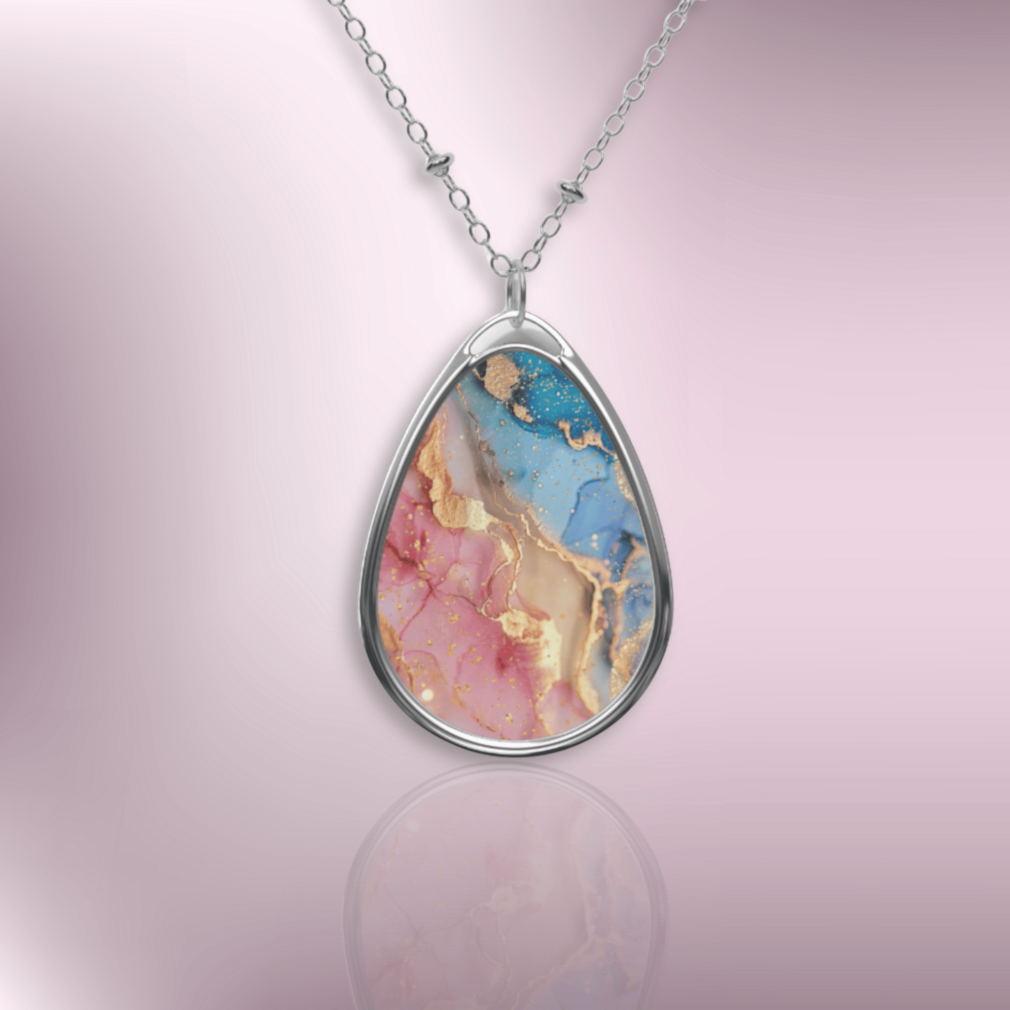 Oval Pendant Necklace — Colorful Marble Teardrop Locket