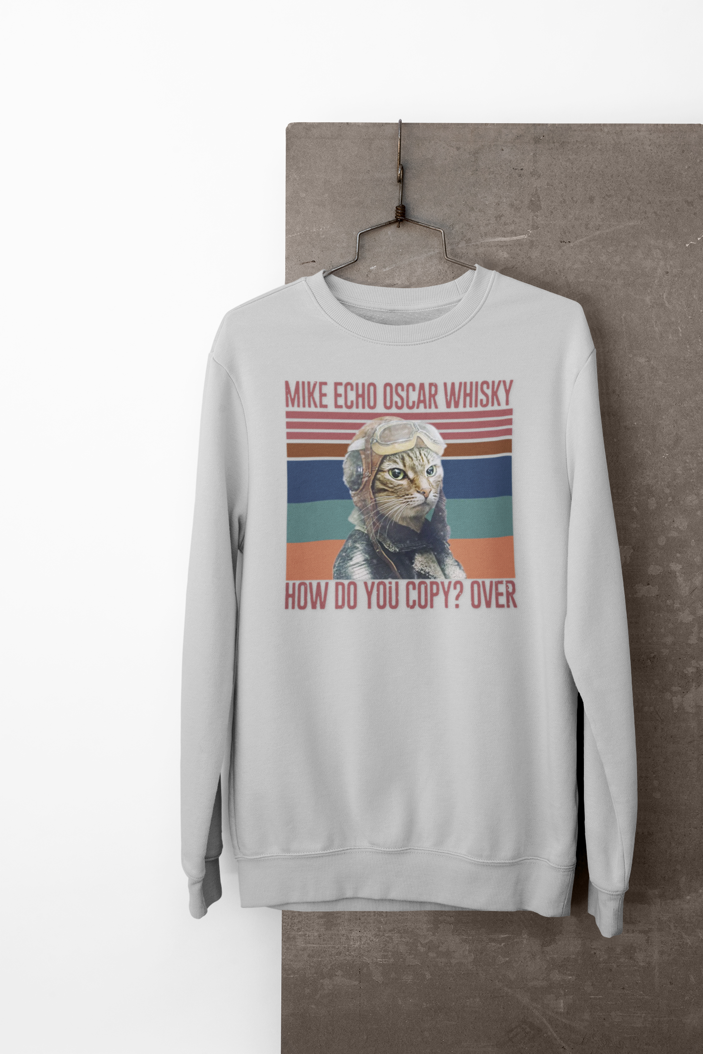 Crewneck Sweatshirt — 'Mike Echo Oscar Whisky' Vintage Pilot Cat Graphic product thumbnail image Crewneck Sweatshirt — 'Mike Echo Oscar Whisky' Vintage Pilot Cat Graphic product thumbnail image