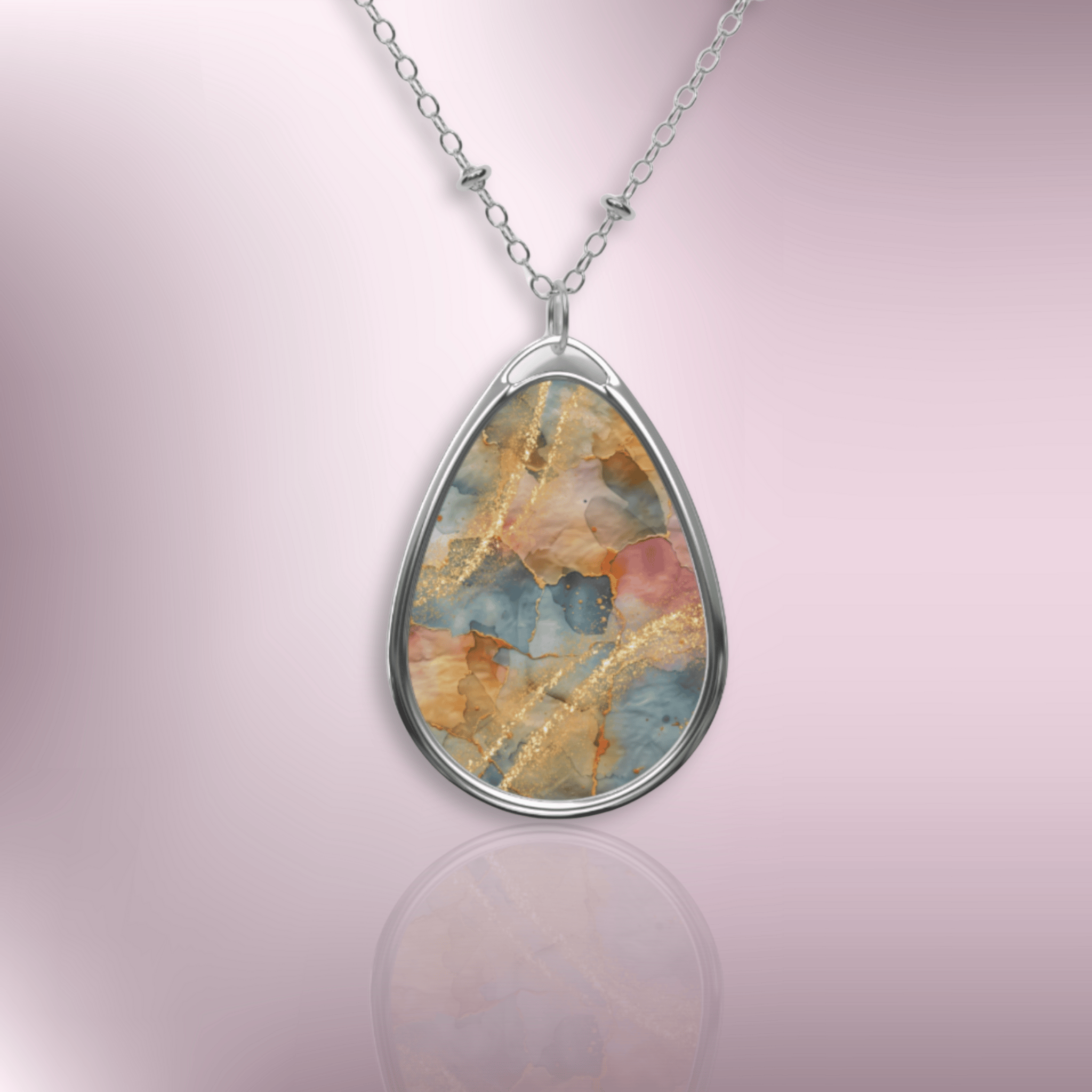 Oval Stone Pendant Necklace — Multicolor Stained Glass Pattern Teardrop Necklace with Silver Chain
