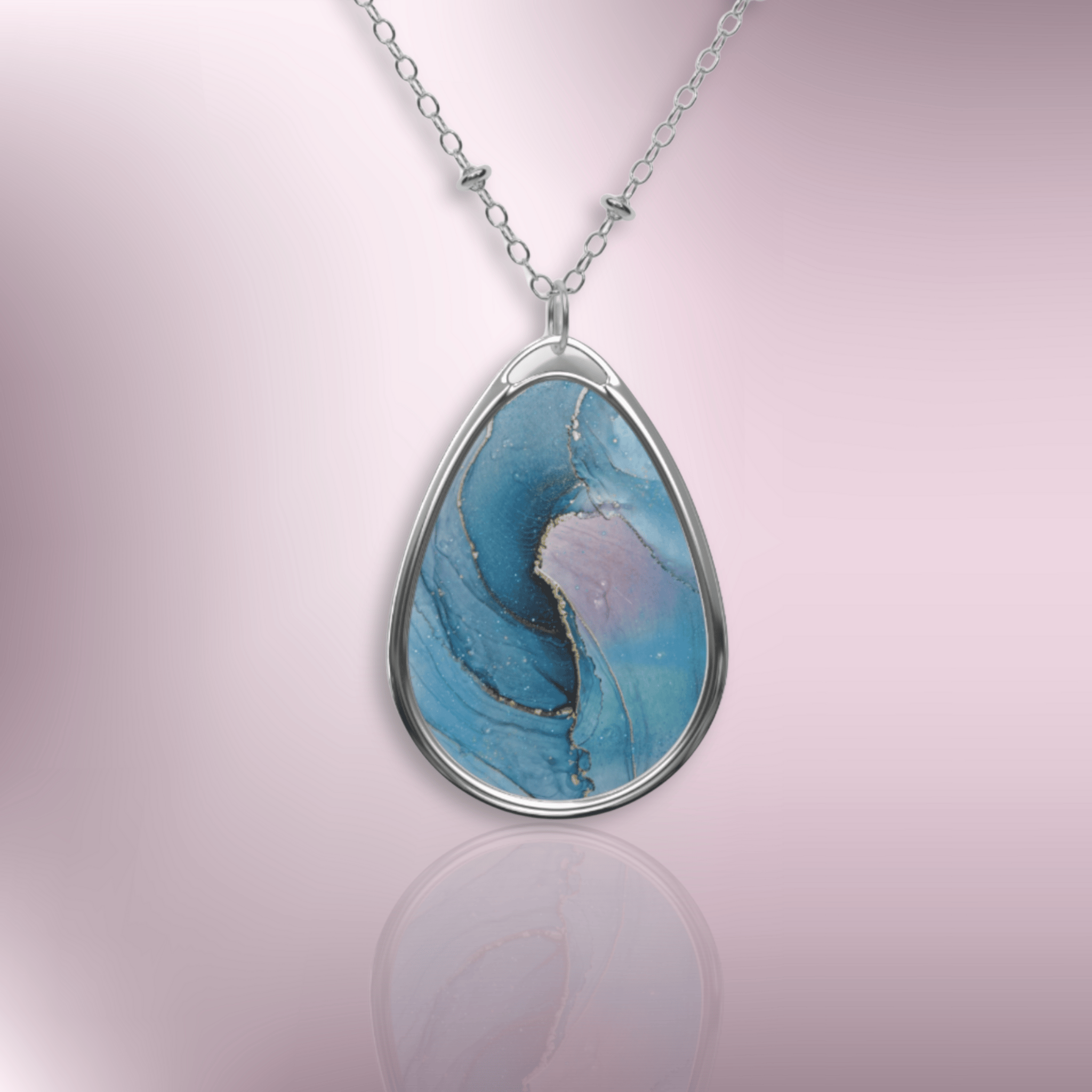 Oval Pendant Necklace — Blue Marble Teardrop Silver Necklace, Gift for Her