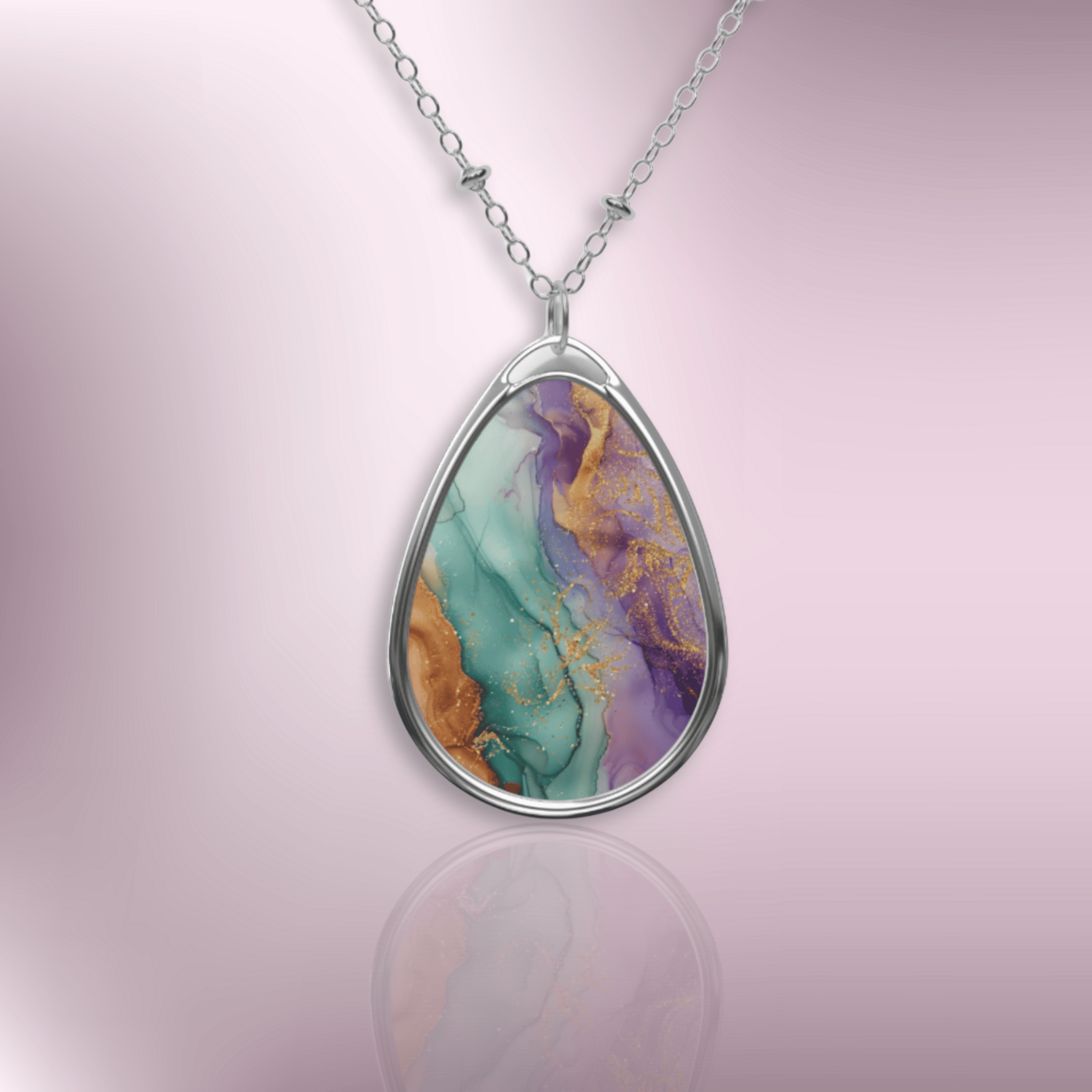 Teardrop Resin Pendant Necklace — Colorful Marble Oval Statement Jewelry