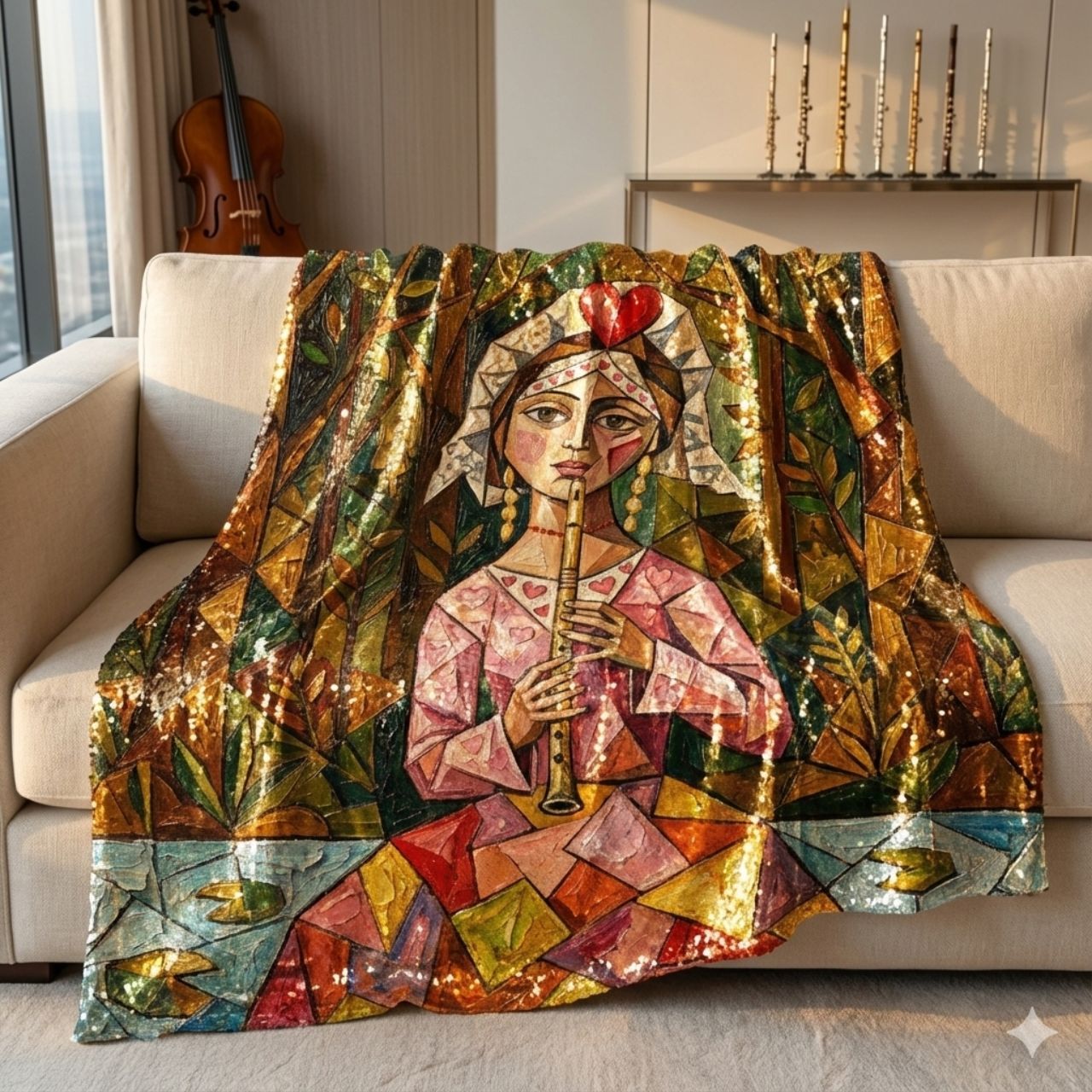 Velveteen Plush Blanket — Cubist Flutist Art Throw product thumbnail image Velveteen Plush Blanket — Cubist Flutist Art Throw product thumbnail image