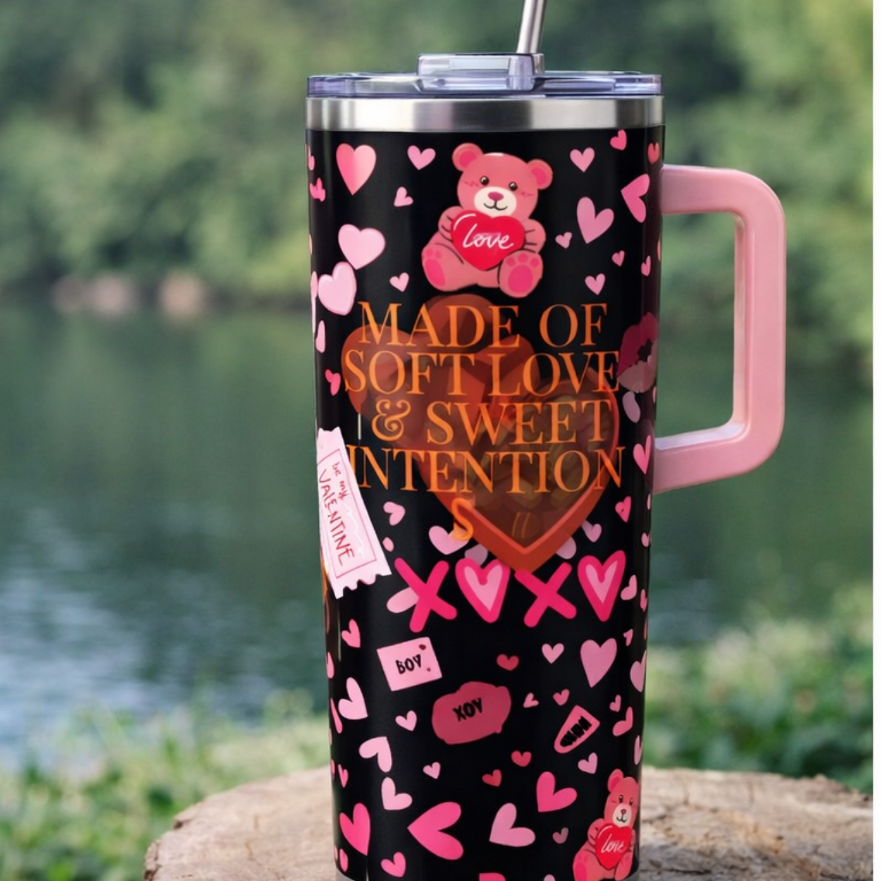 40oz Valentine Thermal Tumbler — Pink Hearts, Chocolate &amp; 'Made of Soft Love' Design