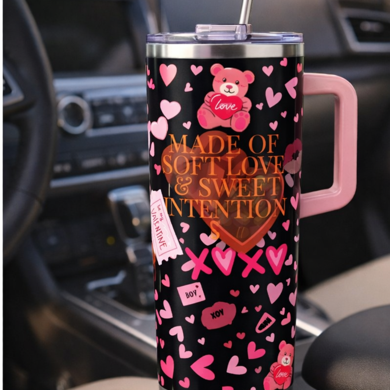 40oz Valentine Thermal Tumbler — Pink Hearts, Chocolate & 'Made of Soft Love' Design product thumbnail image 40oz Valentine Thermal Tumbler — Pink Hearts, Chocolate & 'Made of Soft Love' Design product thumbnail image
