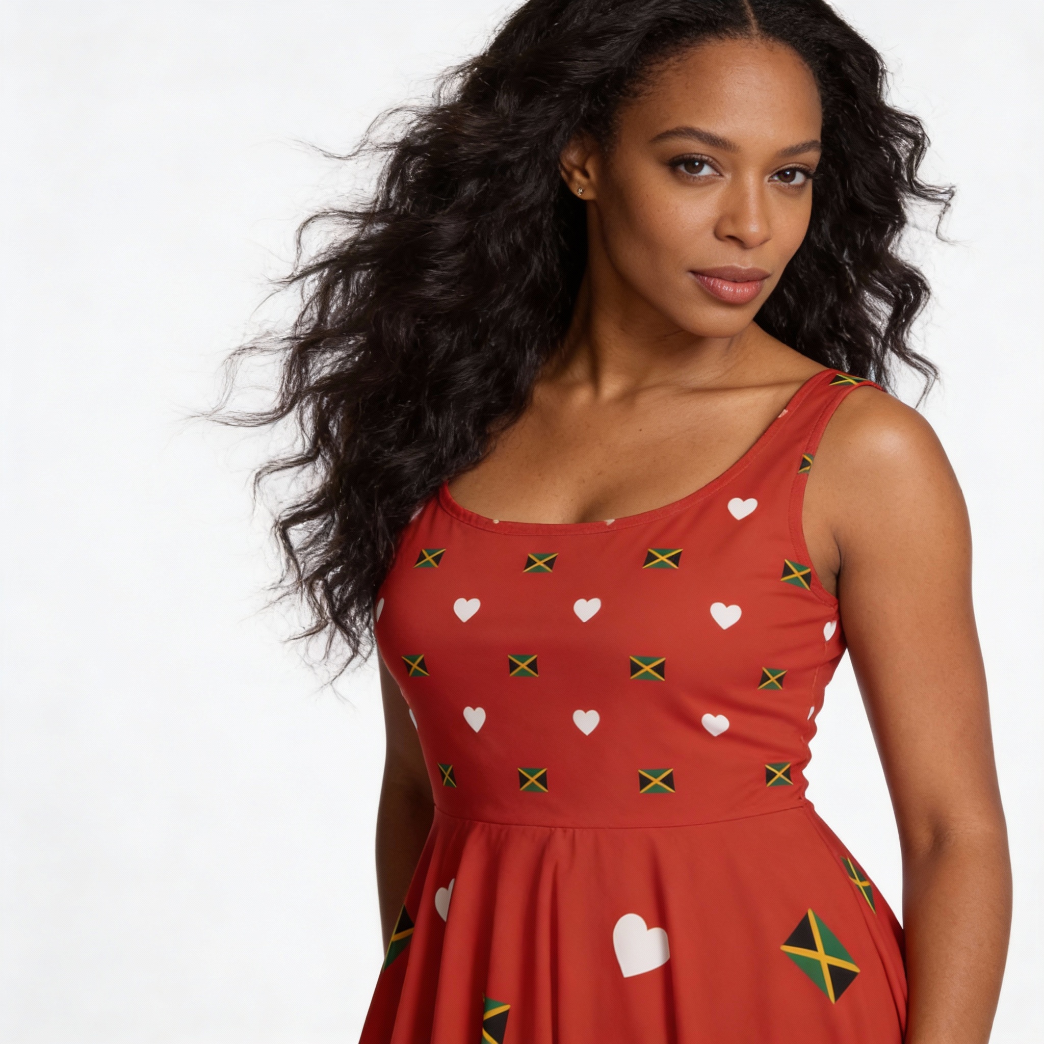 Skater Dress-Jamaica Flag Heart Red Dress -Asymmetrical Flare Bottom Dress product thumbnail image