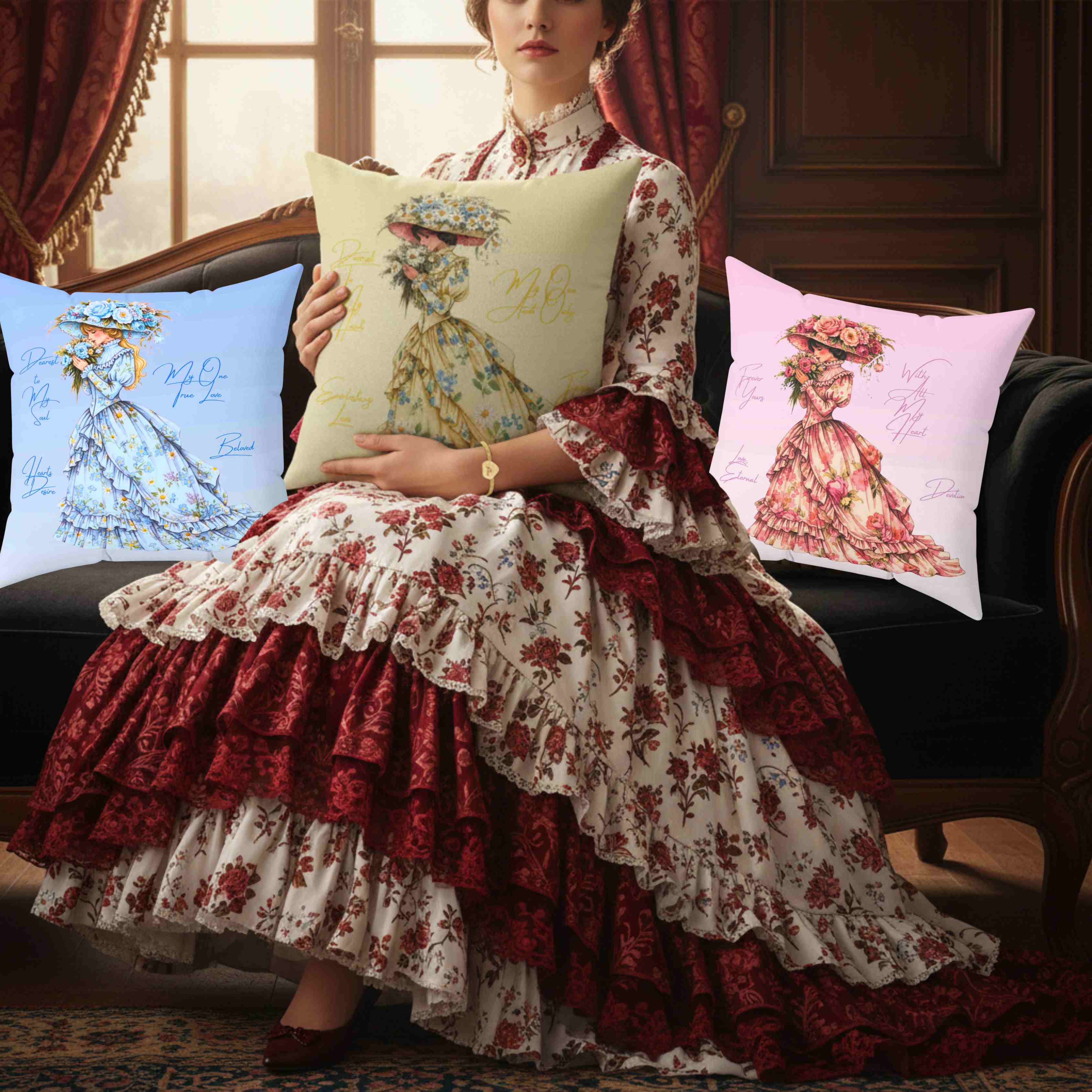 Victorian Floral Lady Pillow | The Beloved Collection | Yellow Square Decorative Cushion product thumbnail image