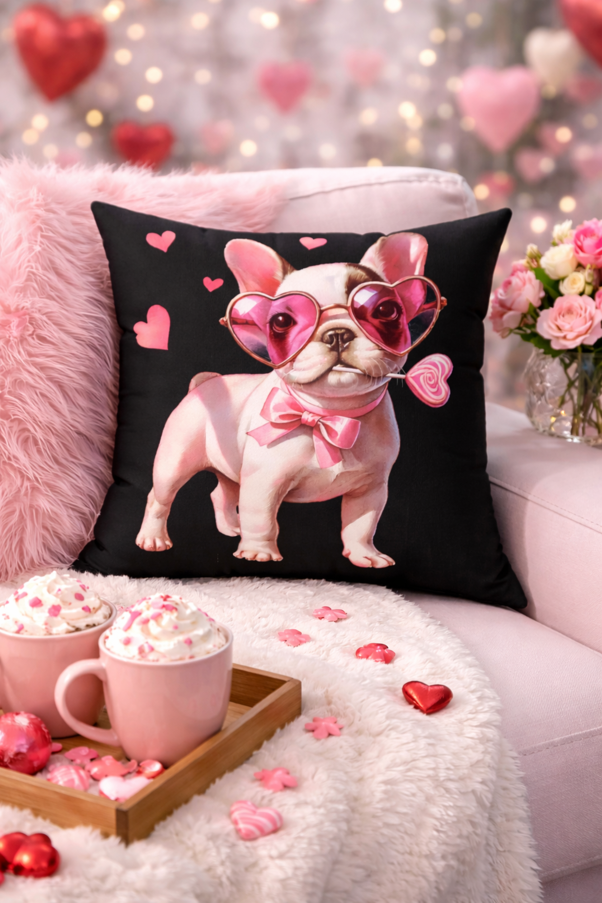 Valentine French Bulldog Pillow — Cute Heart Sunglasses Decorative Throw Pillow