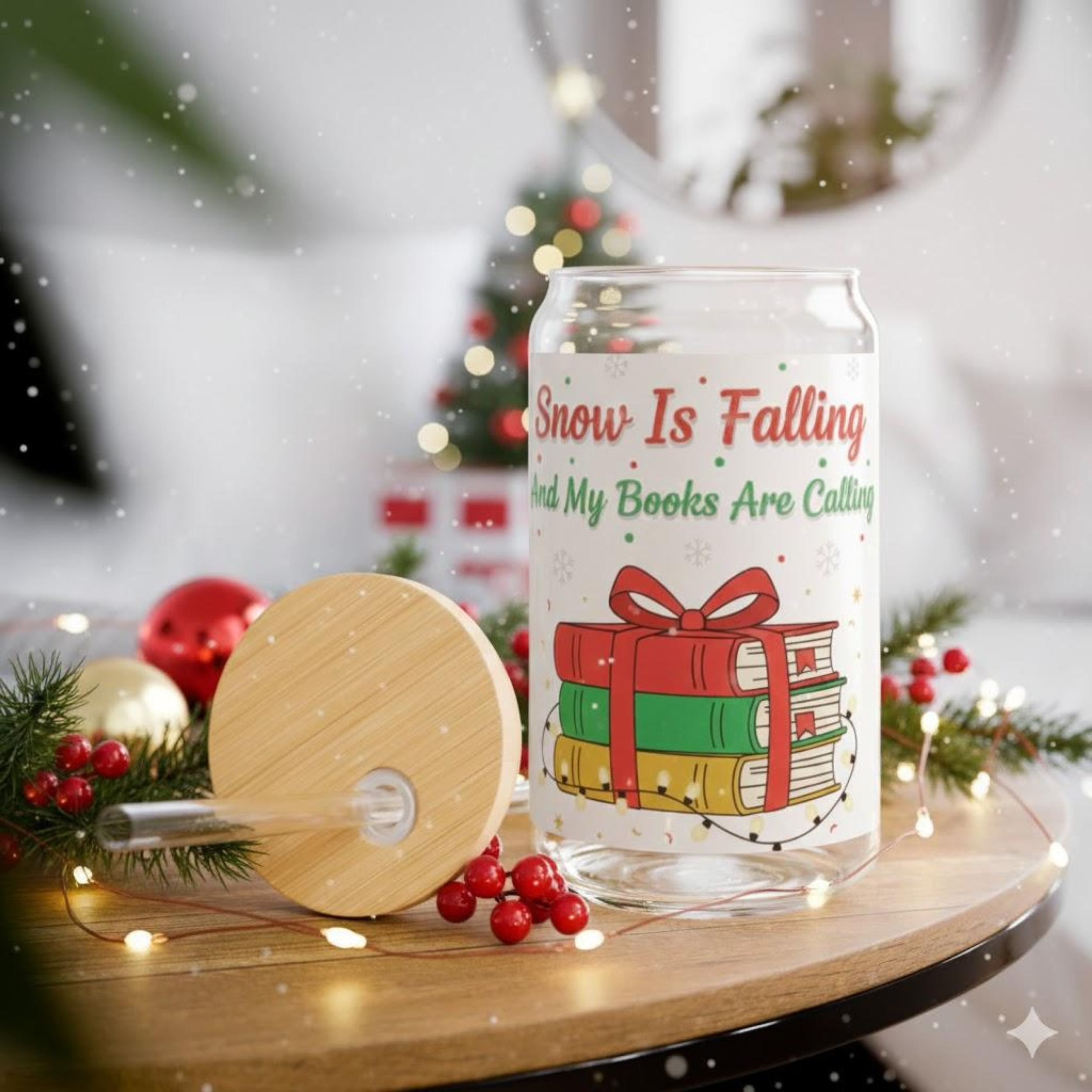 Holiday Book Lover Sipper Glass - "Snow Is Falling And My Books Are Calling" 16oz product thumbnail image