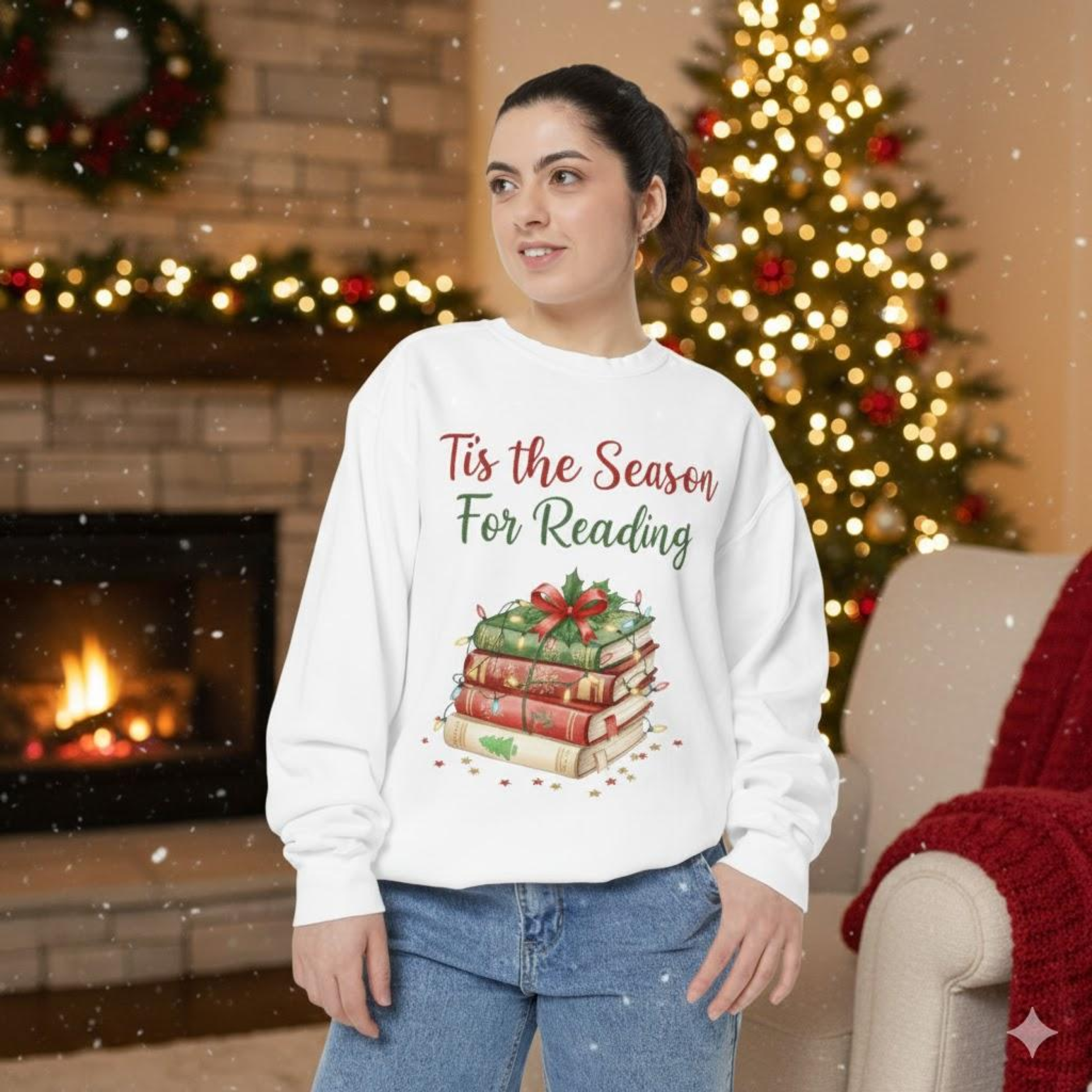 Holiday Reading Sweatshirt — "Tis the Season for Reading" Cozy Christmas Booklover Crewneck