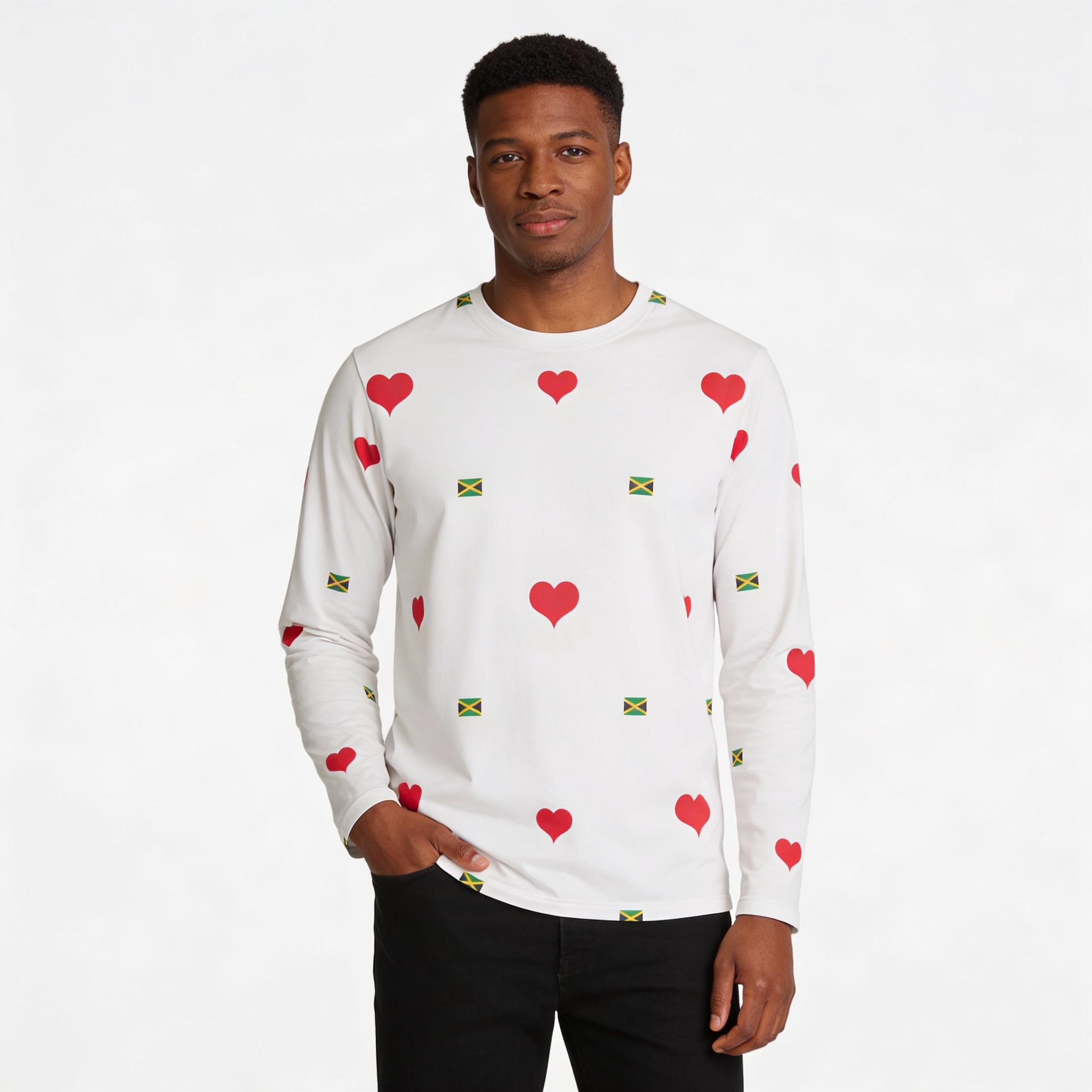 Long Sleeve Shirt-Jamaica Flag &amp; Red Heart All-Over Print Polyester Shirt product thumbnail image